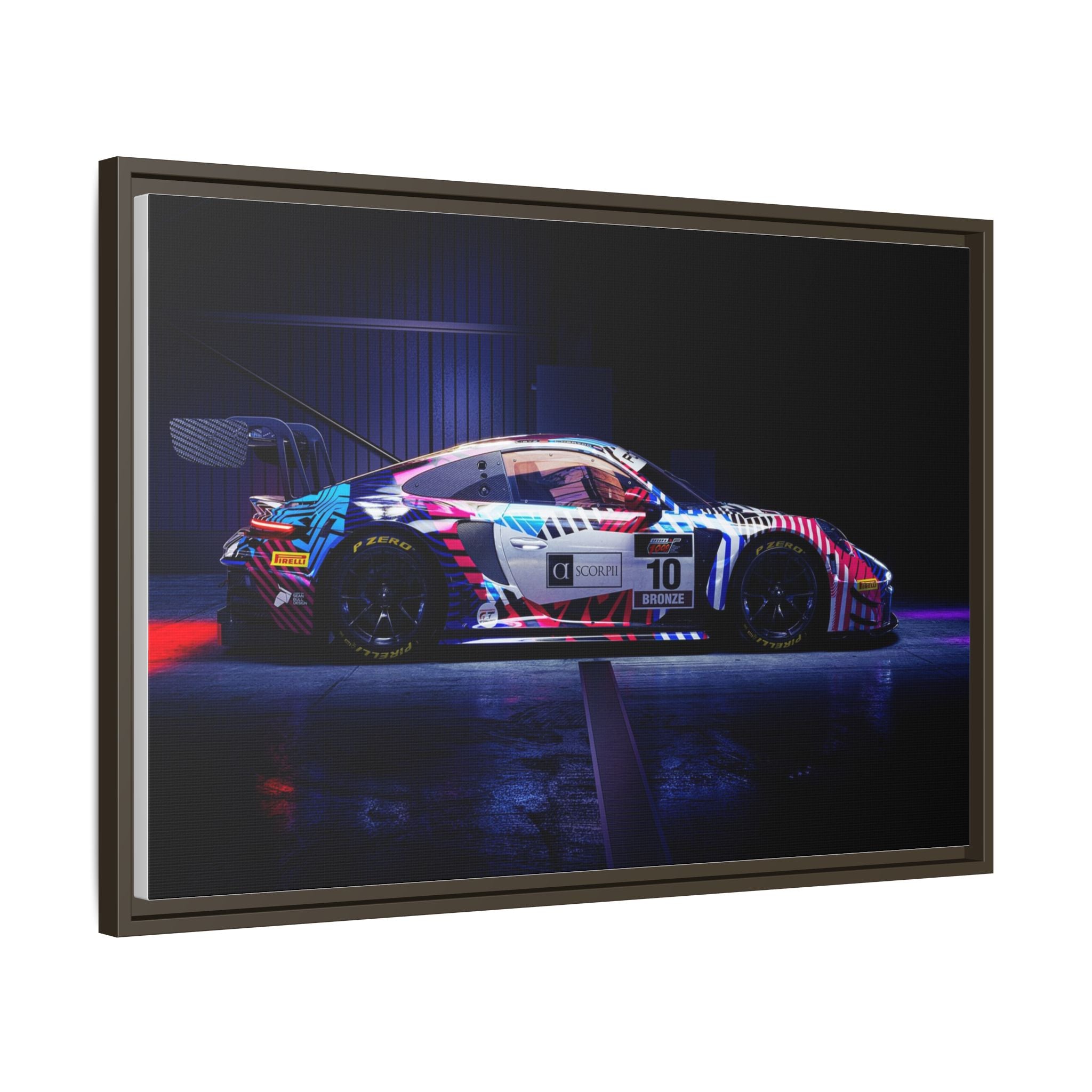 Framed Matte Canvas Print — Neon Racecar Wall Art