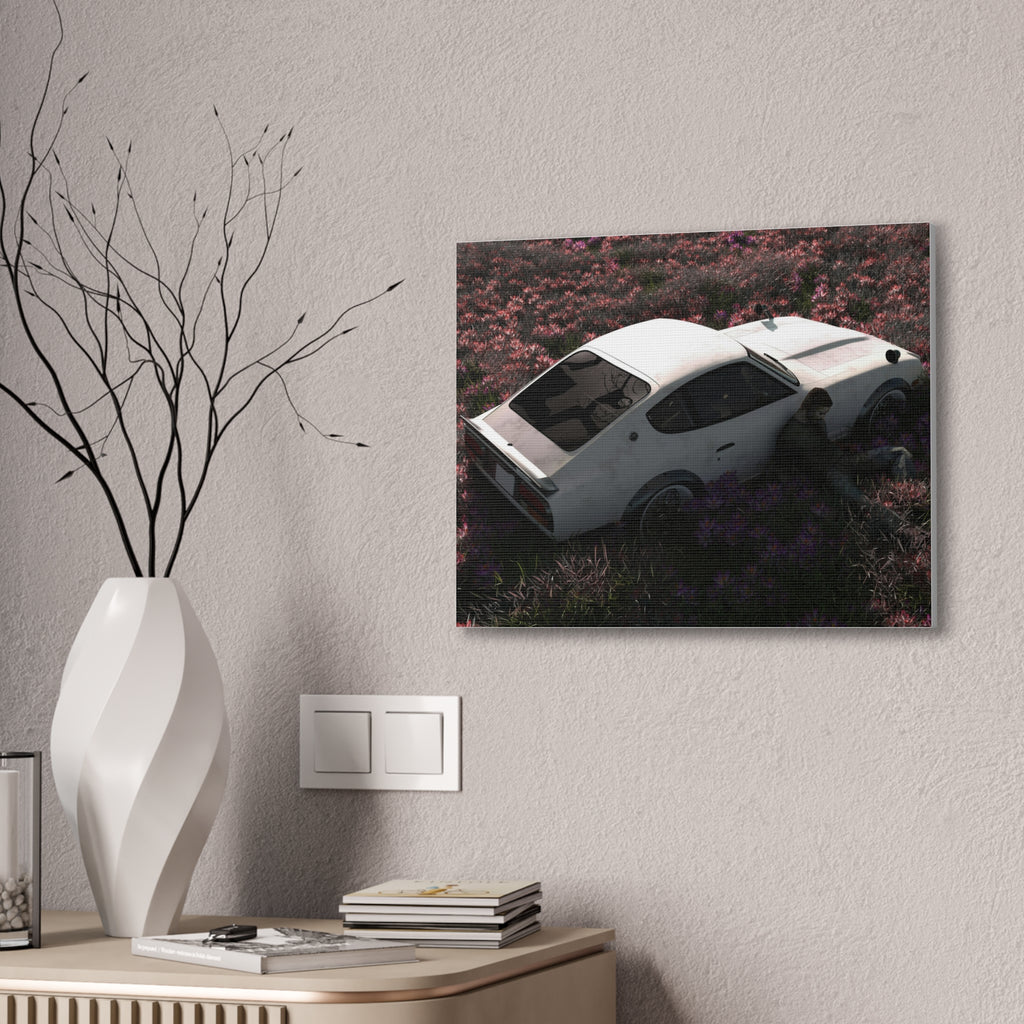 Vintage White Datsun in Wildflower Field Canvas