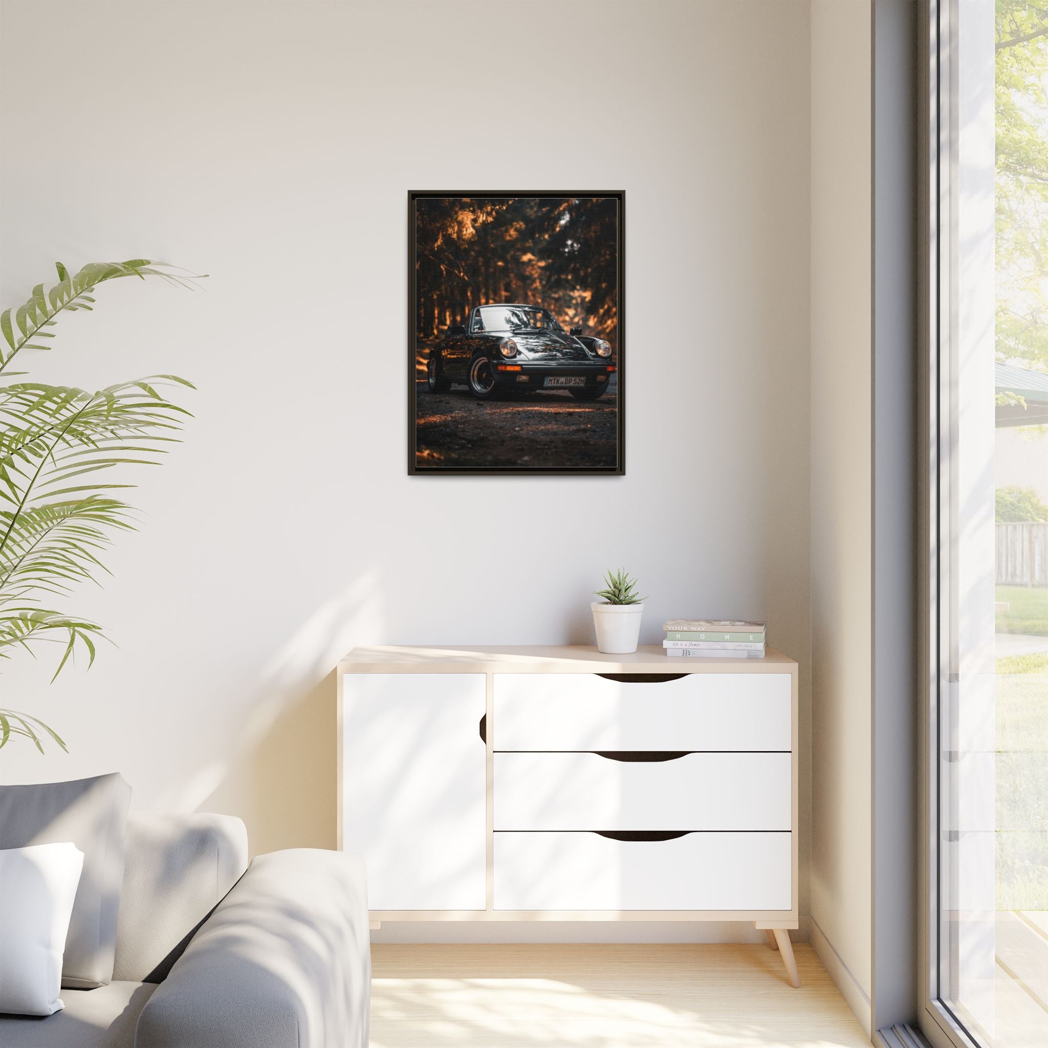 Framed Matte Canvas Print — Vintage Black Porsche in Autumn Forest