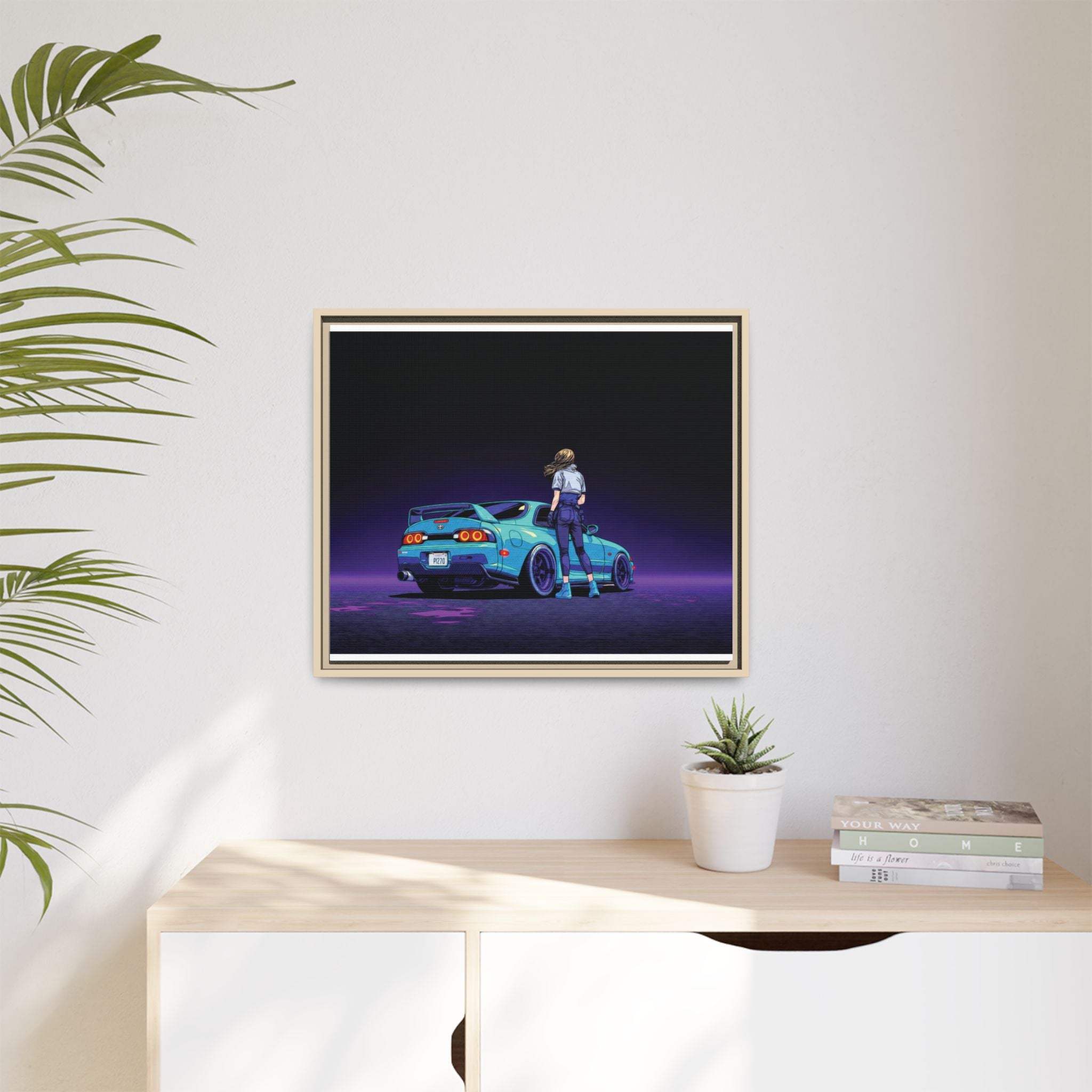 Retro Neon Race Car Poster Matte Canvas Framed | Anime Driver Wall Art