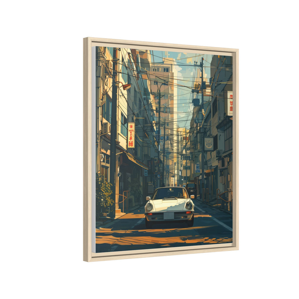 Vintage Sports Car Cityscape Framed Canvas Print