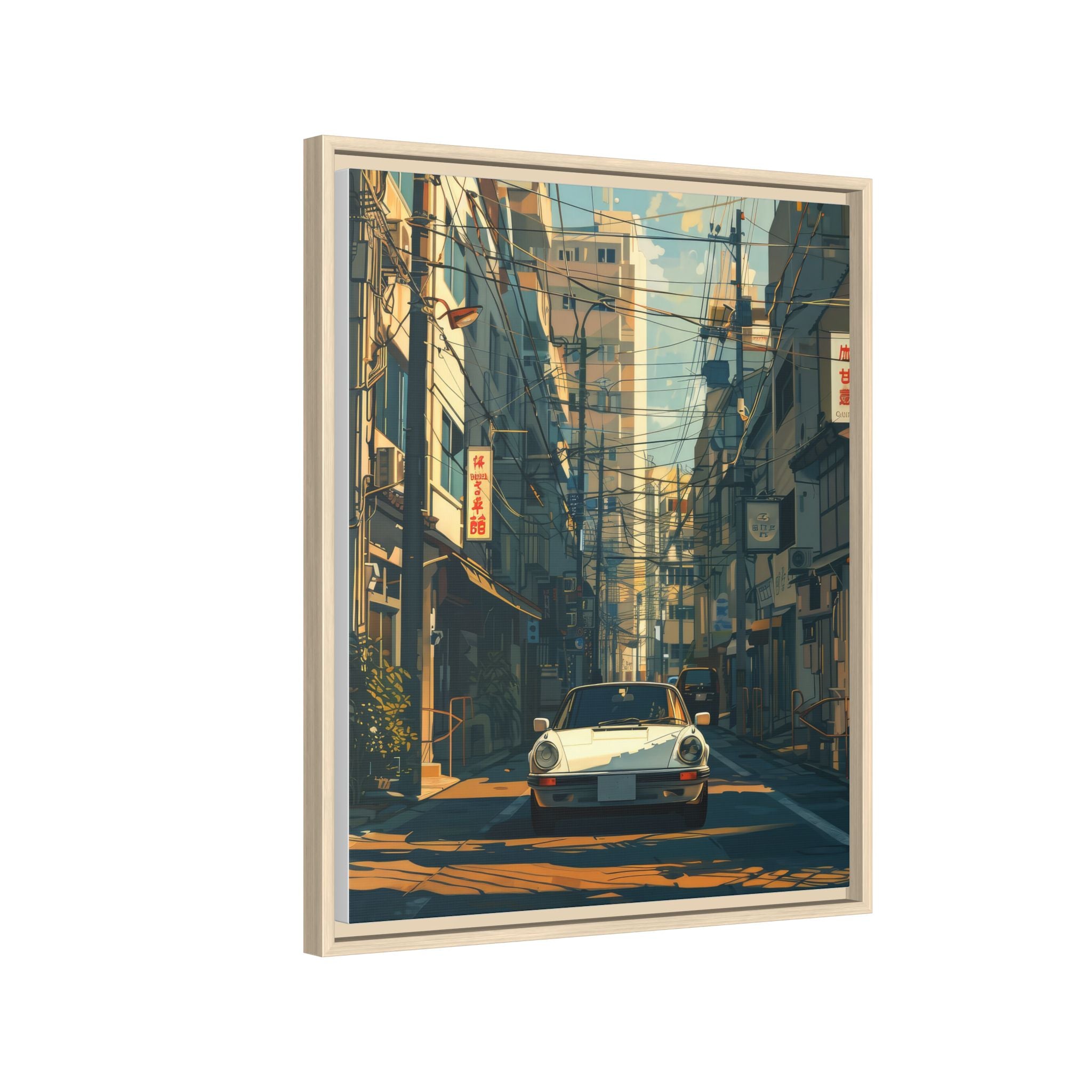 Vintage Sports Car Cityscape Framed Canvas Print