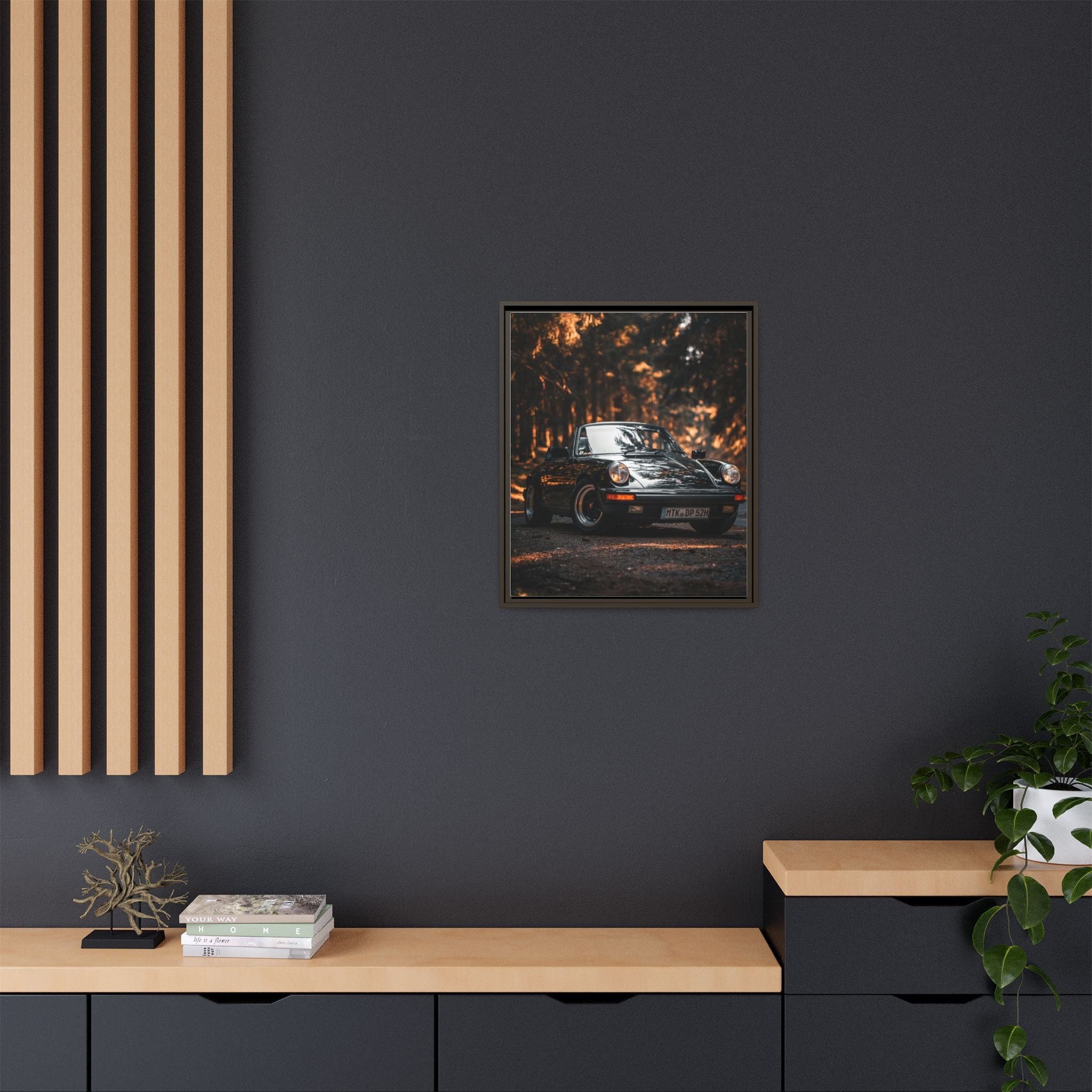 Framed Matte Canvas Print — Vintage Black Porsche in Autumn Forest