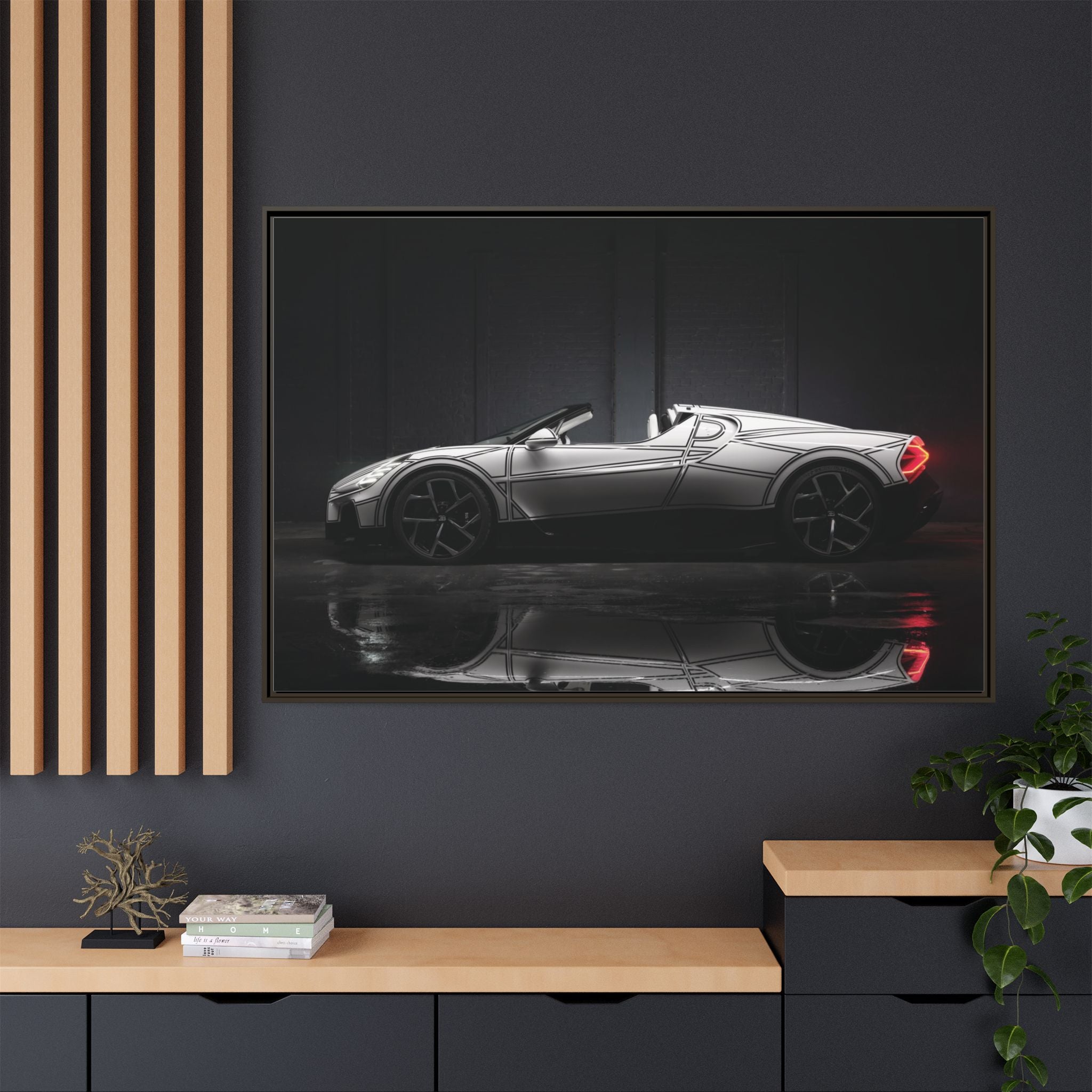 Framed Matte Canvas: Sleek Sports Car Reflection Wall Art