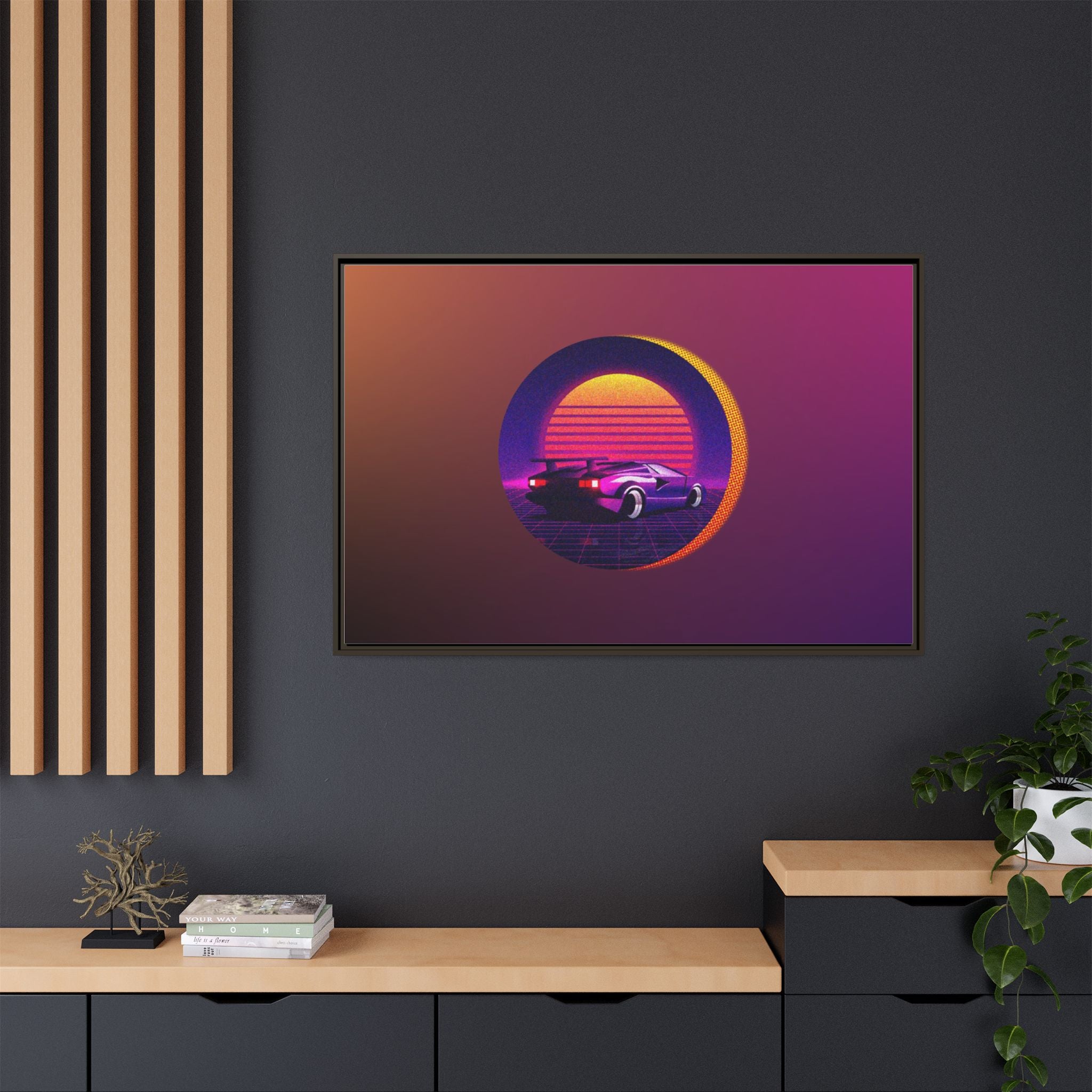 Retro Sunset Sports Car Matte Canvas Framed Wall Art