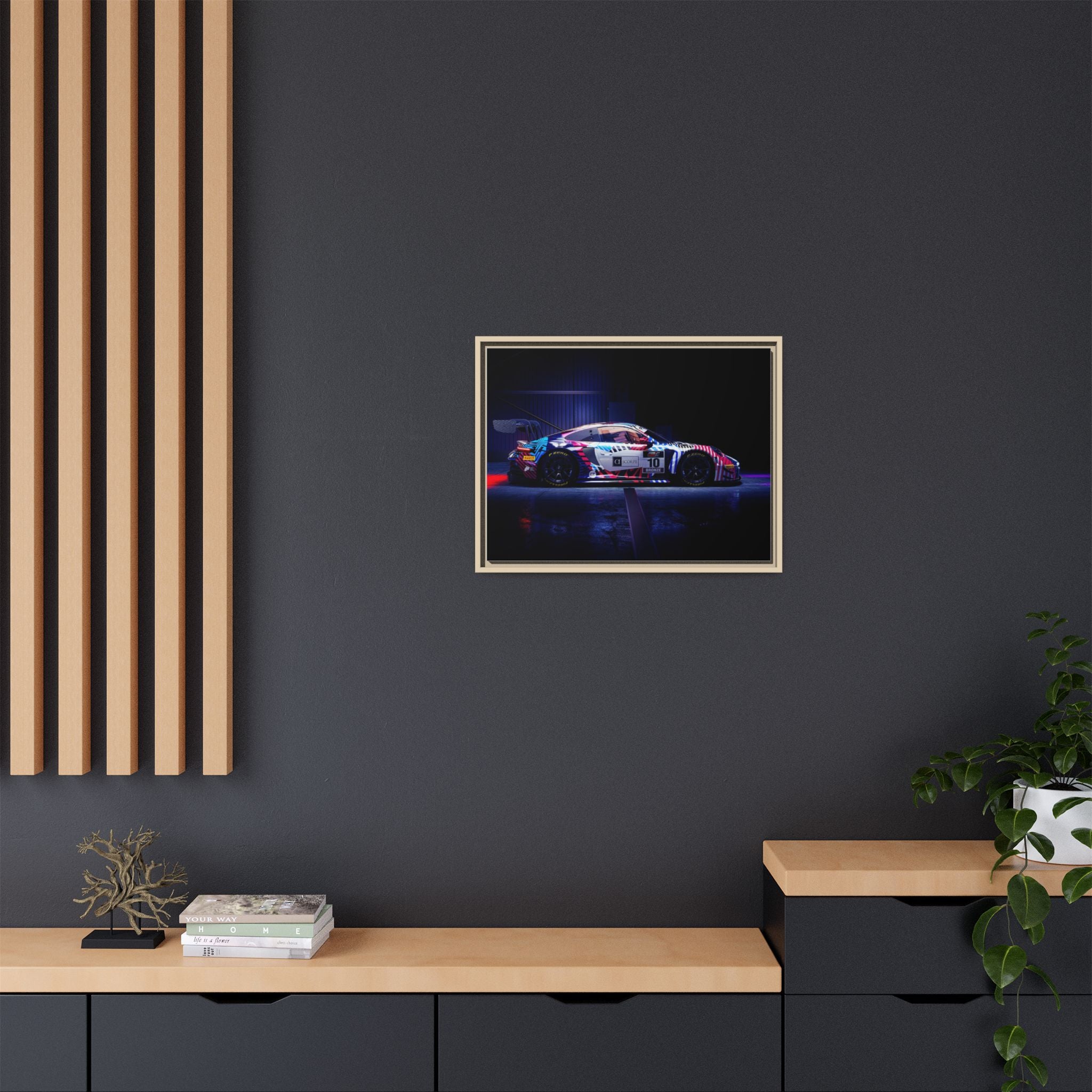 Framed Matte Canvas Print — Neon Racecar Wall Art