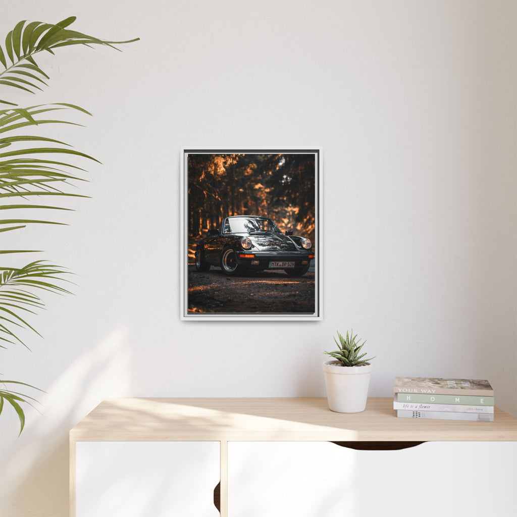 Framed Matte Canvas Print — Vintage Black Porsche in Autumn Forest