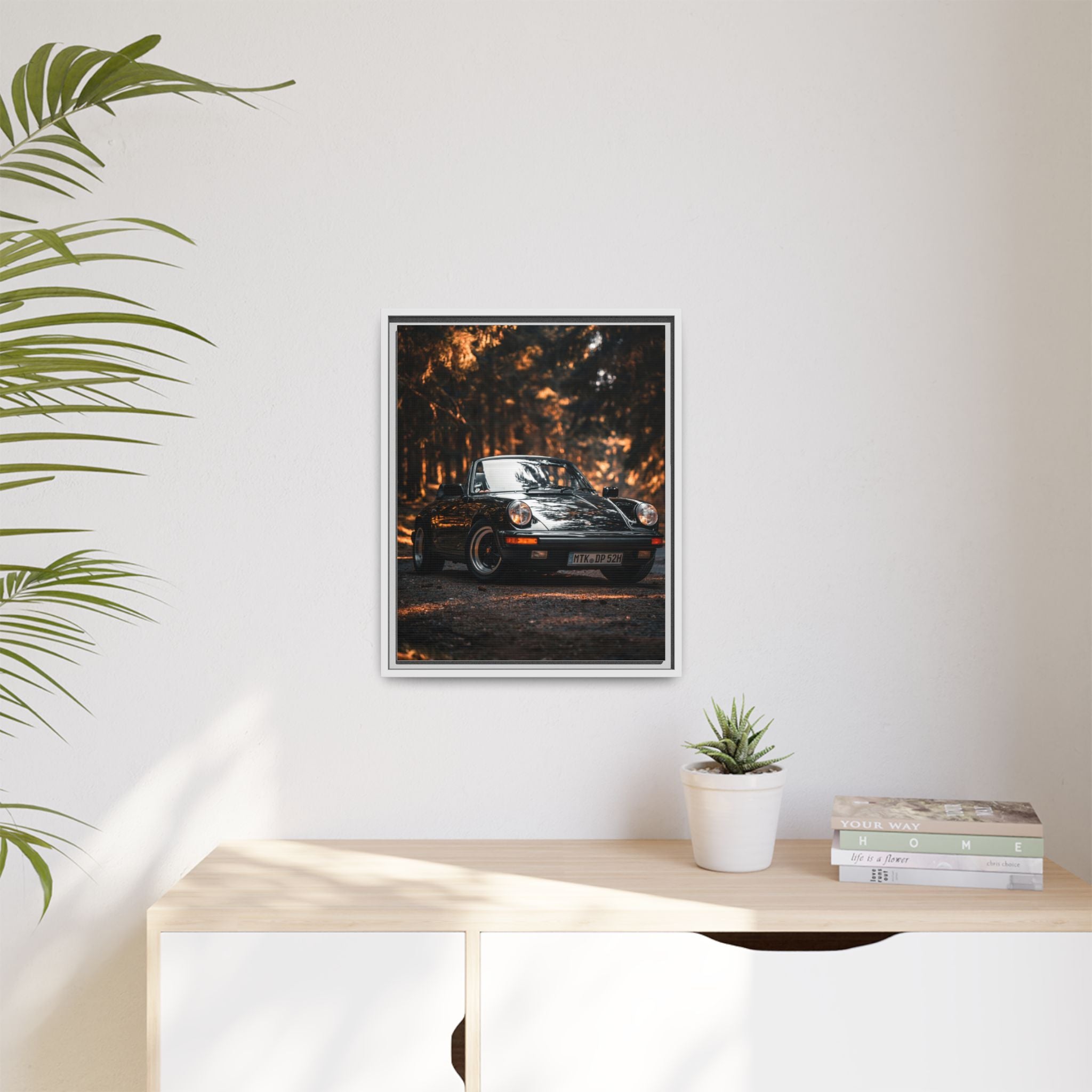 Framed Matte Canvas Print — Vintage Black Porsche in Autumn Forest