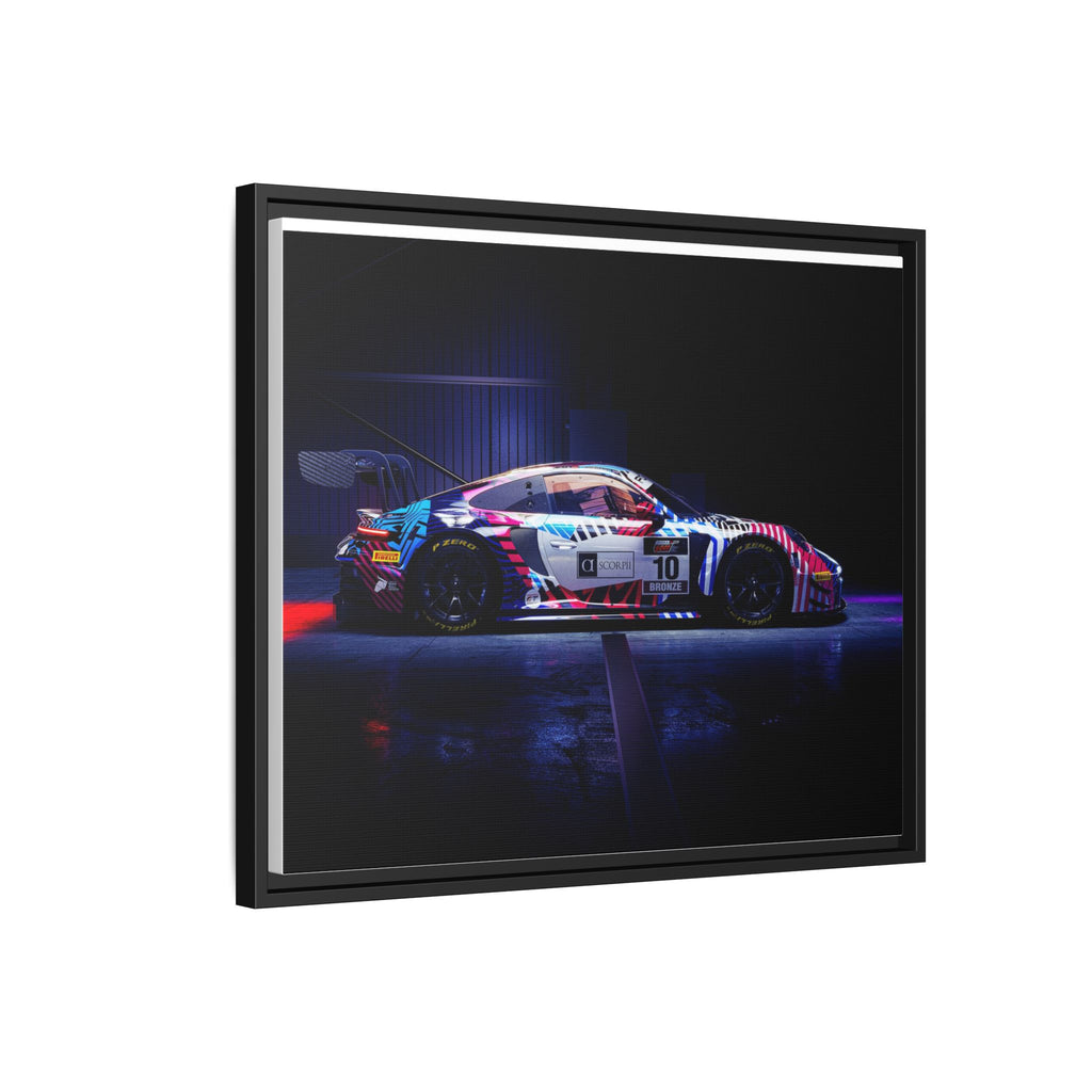Framed Matte Canvas Print — Neon Racecar Wall Art