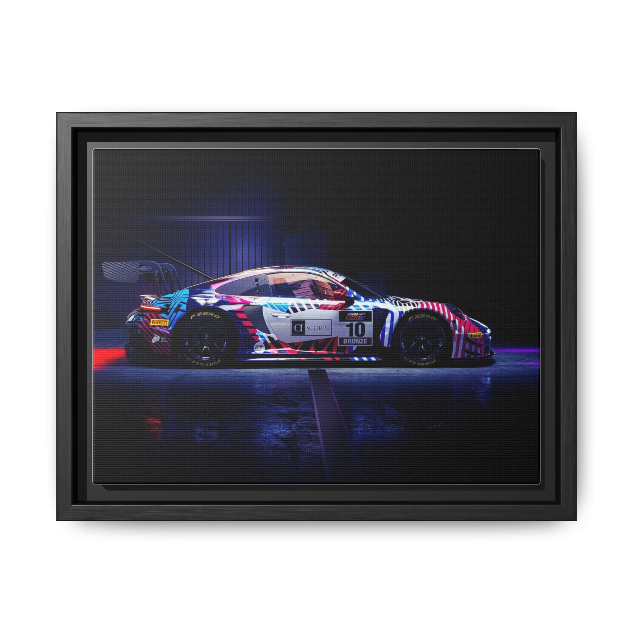 Framed Matte Canvas Print — Neon Racecar Wall Art