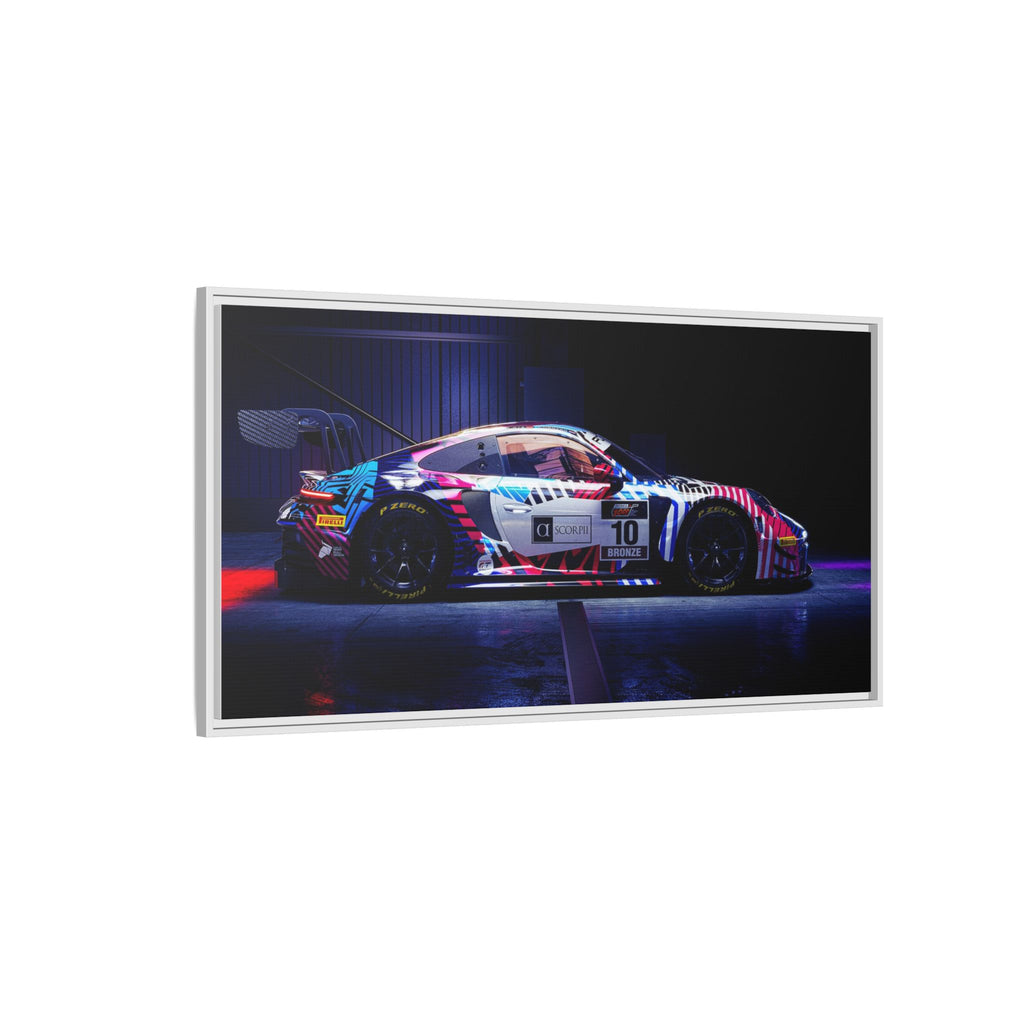 Framed Matte Canvas Print — Neon Racecar Wall Art