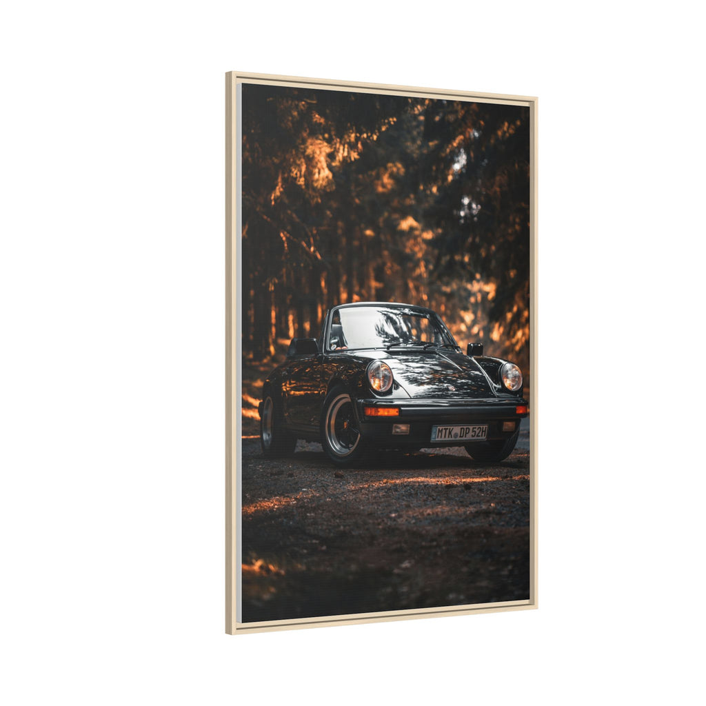 Framed Matte Canvas Print — Vintage Black Porsche in Autumn Forest