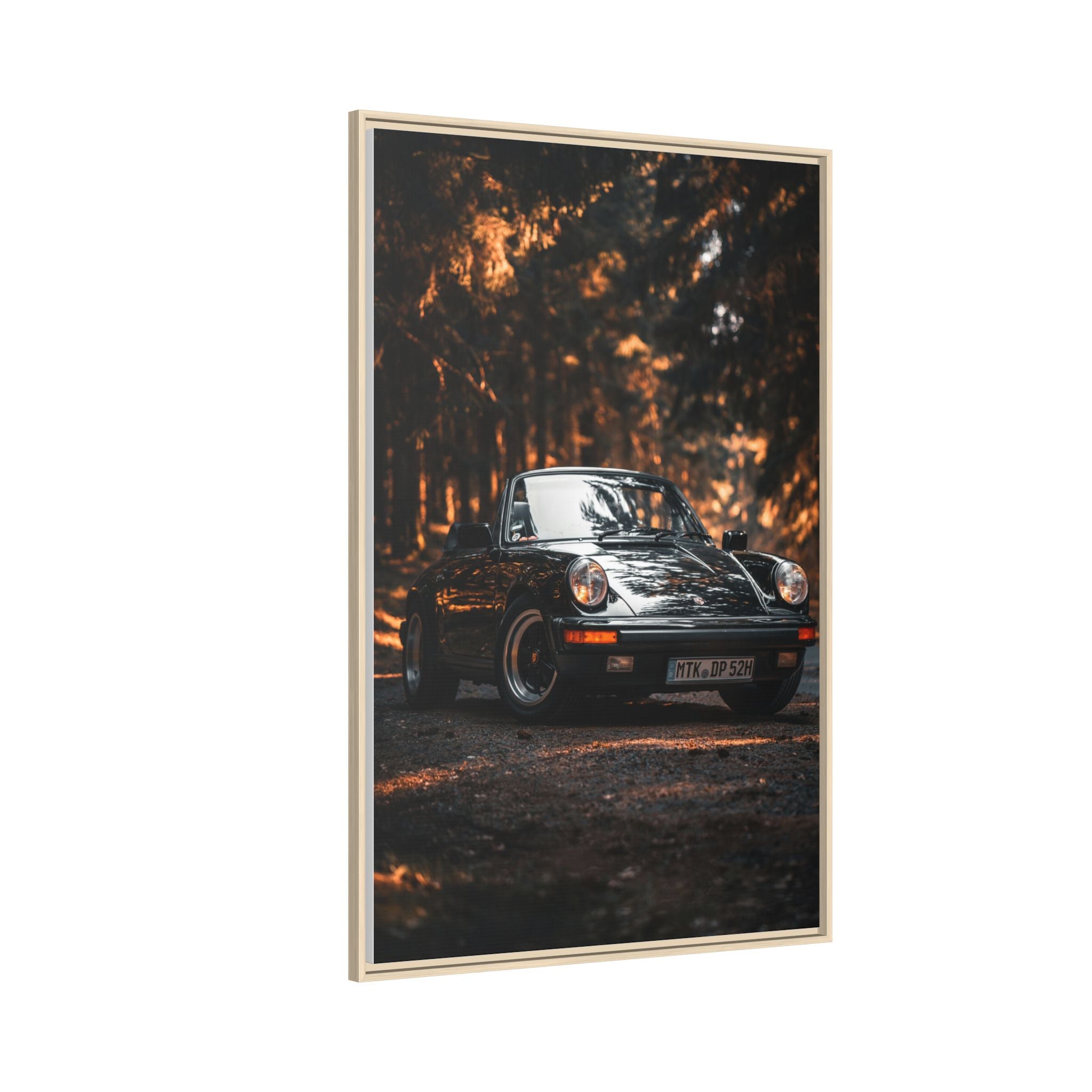 Framed Matte Canvas Print — Vintage Black Porsche in Autumn Forest