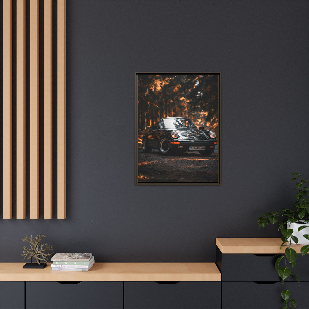 Framed Matte Canvas Print — Vintage Black Porsche in Autumn Forest