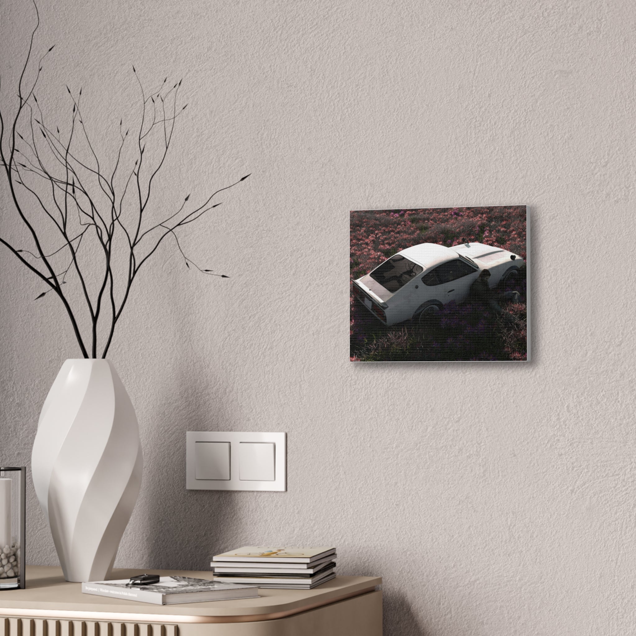 Vintage White Datsun in Wildflower Field Canvas