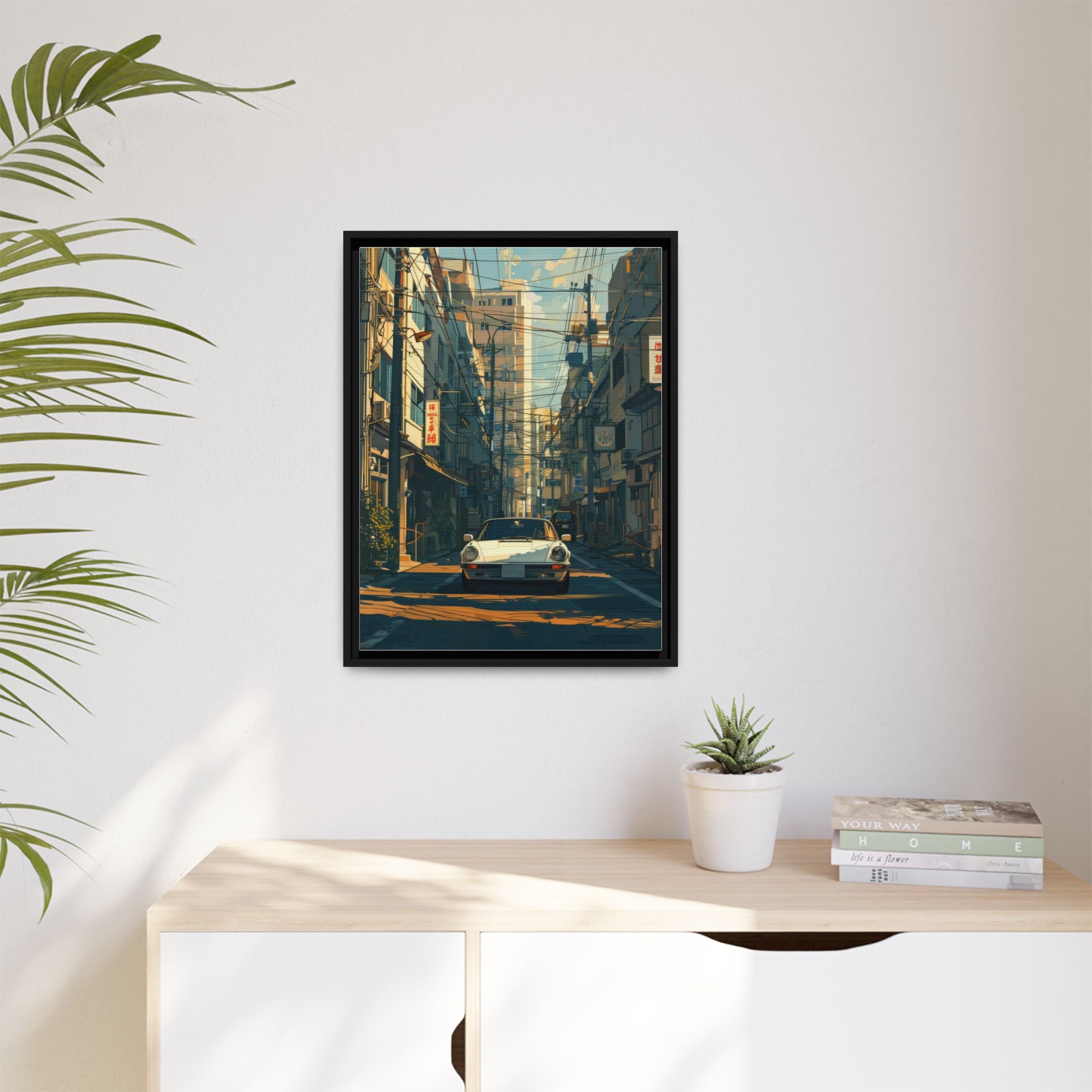 Vintage Sports Car Cityscape Framed Canvas Print