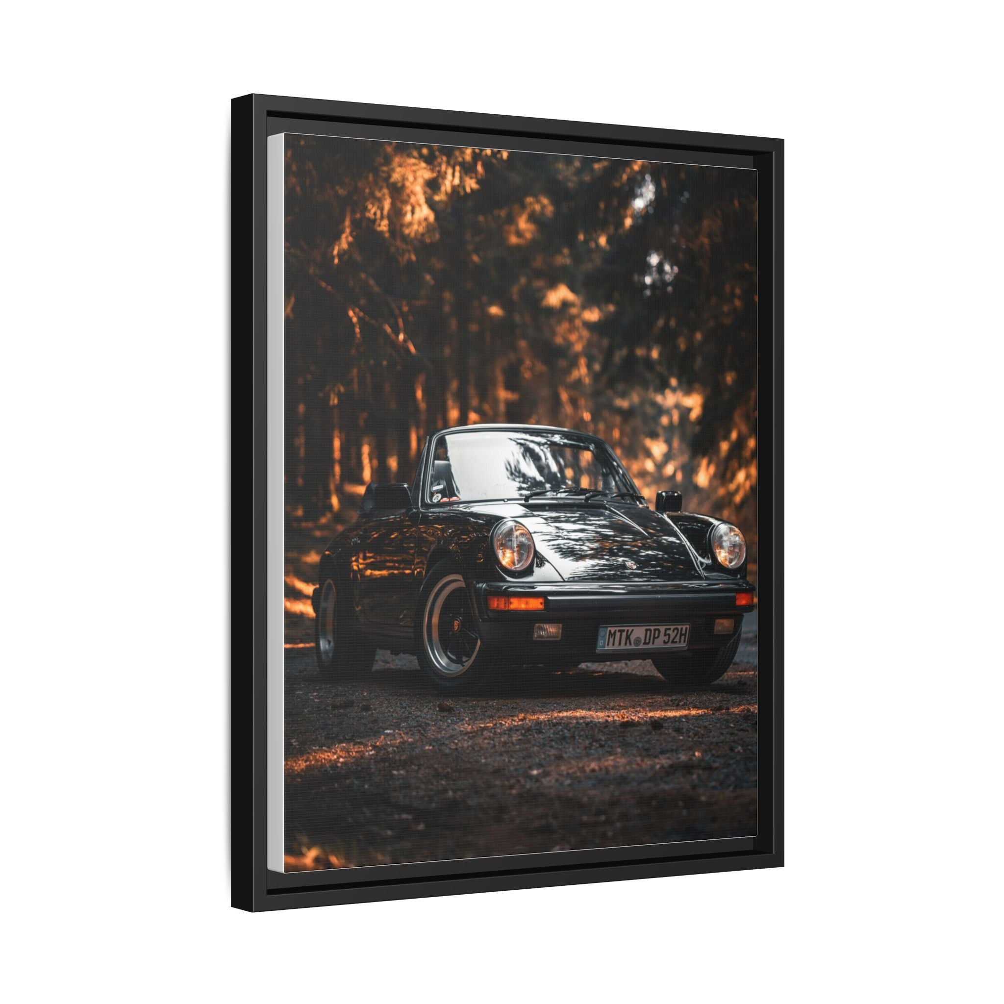 Framed Matte Canvas Print — Vintage Black Porsche in Autumn Forest