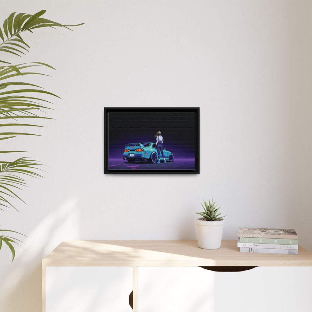 Retro Neon Race Car Poster Matte Canvas Framed | Anime Driver Wall Art