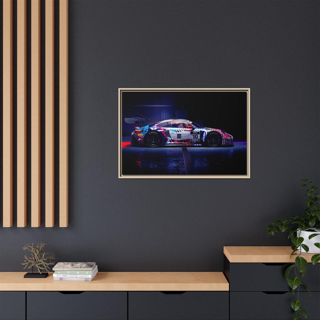 Framed Matte Canvas Print — Neon Racecar Wall Art