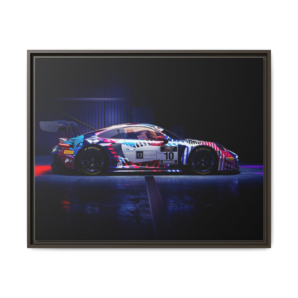 Framed Matte Canvas Print — Neon Racecar Wall Art