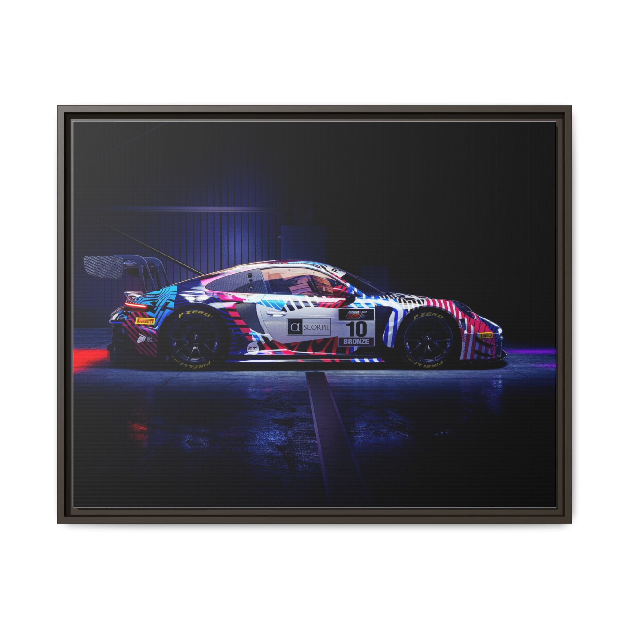 Framed Matte Canvas Print — Neon Racecar Wall Art