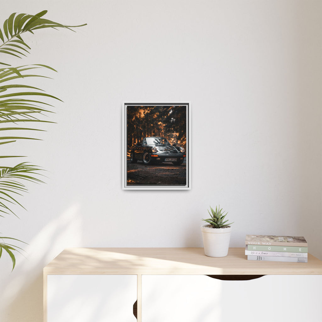 Framed Matte Canvas Print — Vintage Black Porsche in Autumn Forest