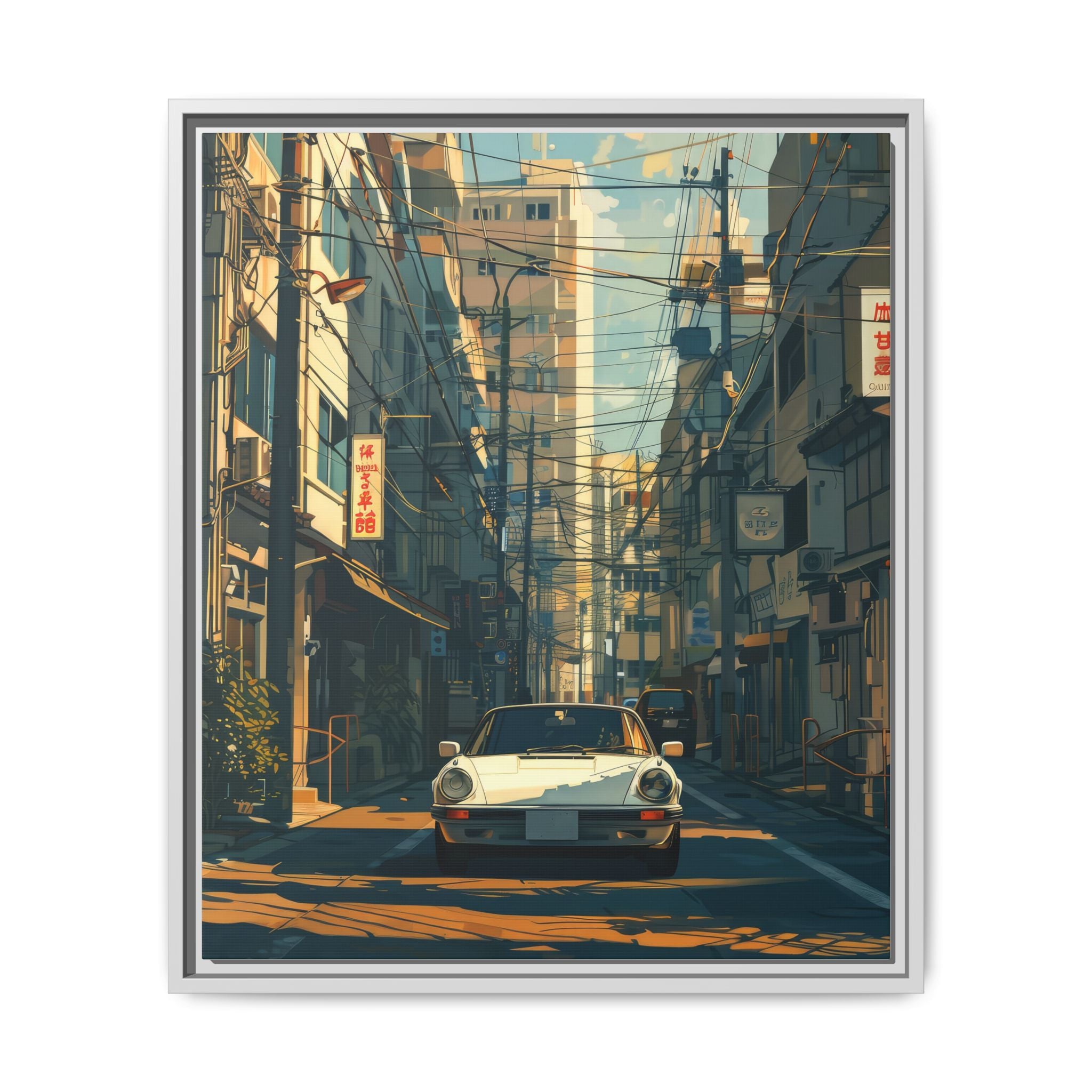 Vintage Sports Car Cityscape Framed Canvas Print