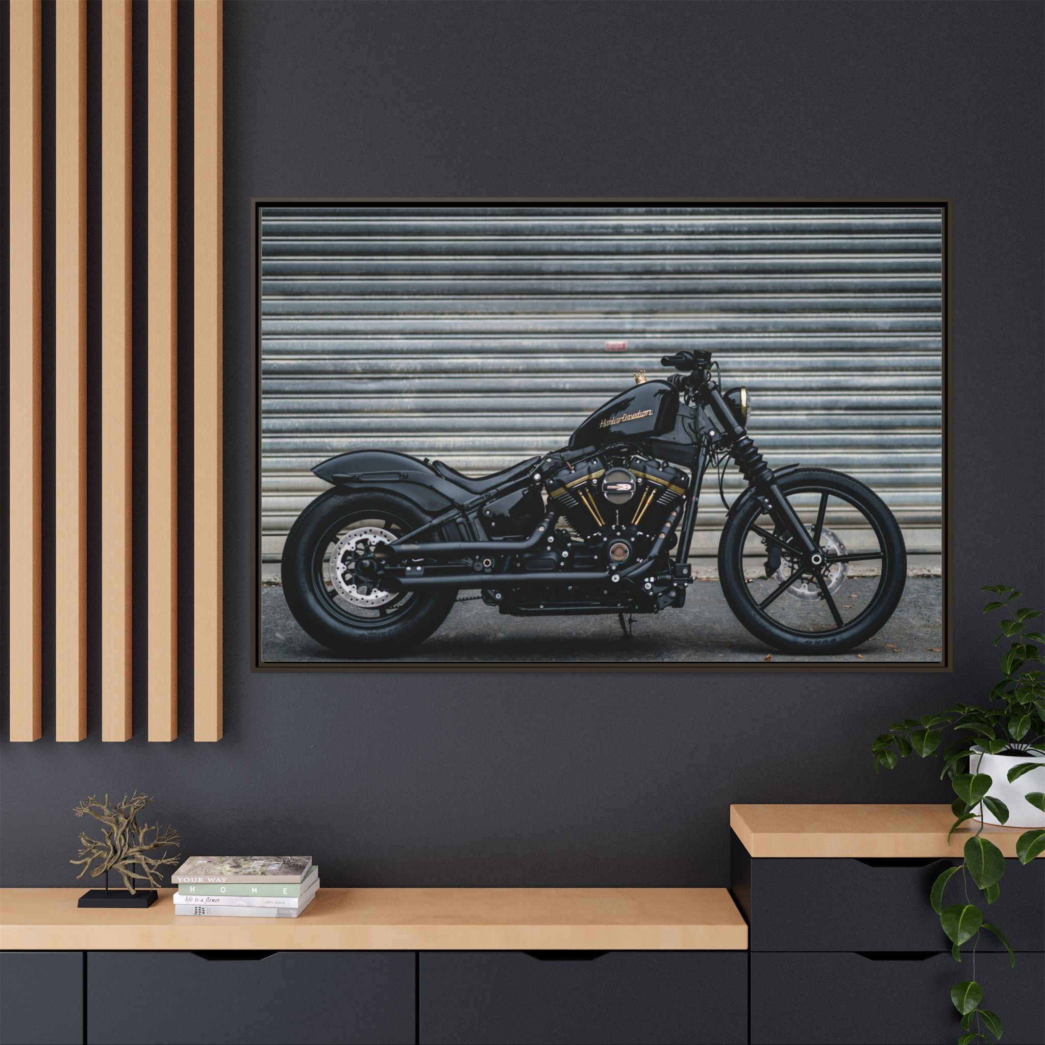 Framed Matte Canvas Motorcycle Print — Black Bobber Wall Art