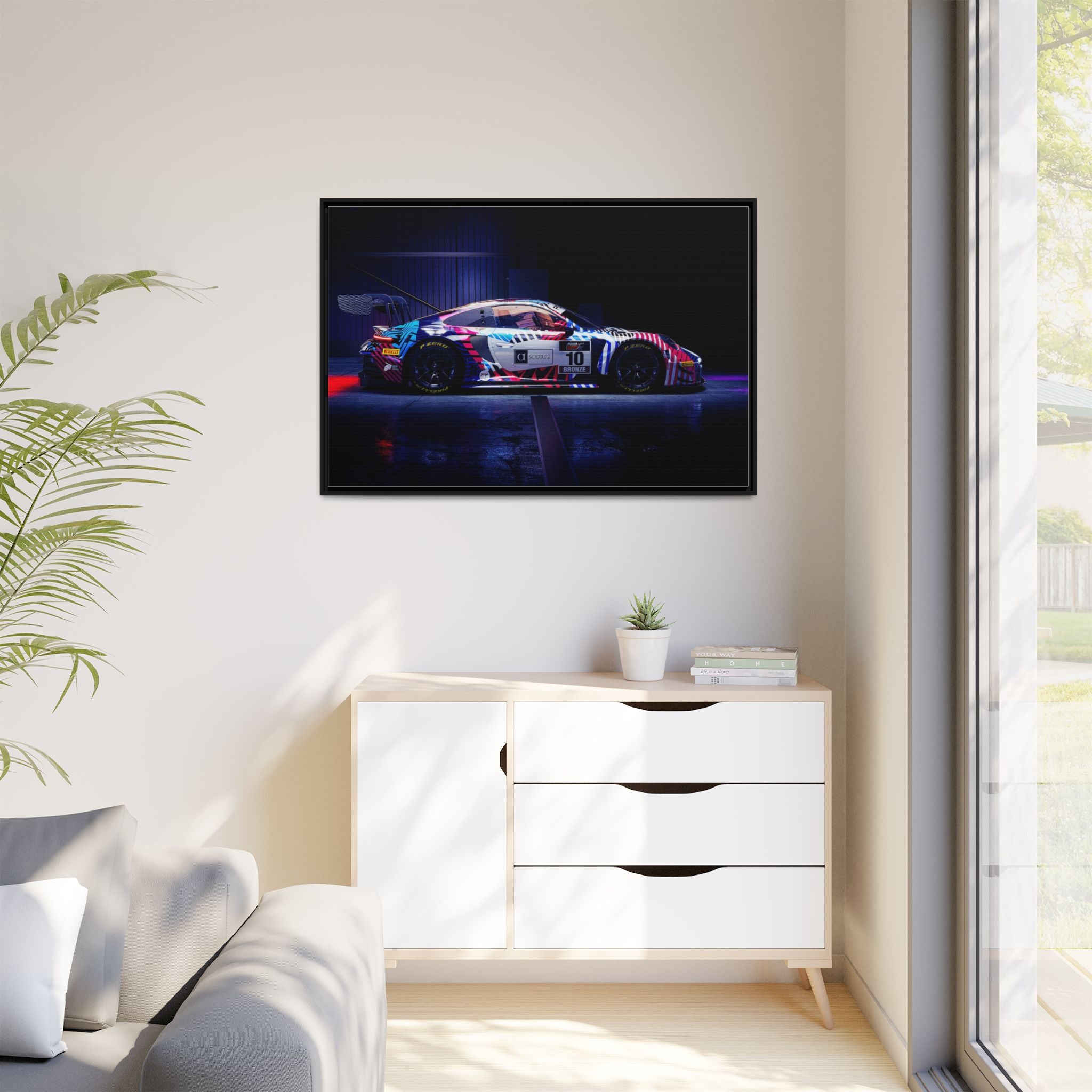 Framed Matte Canvas Print — Neon Racecar Wall Art