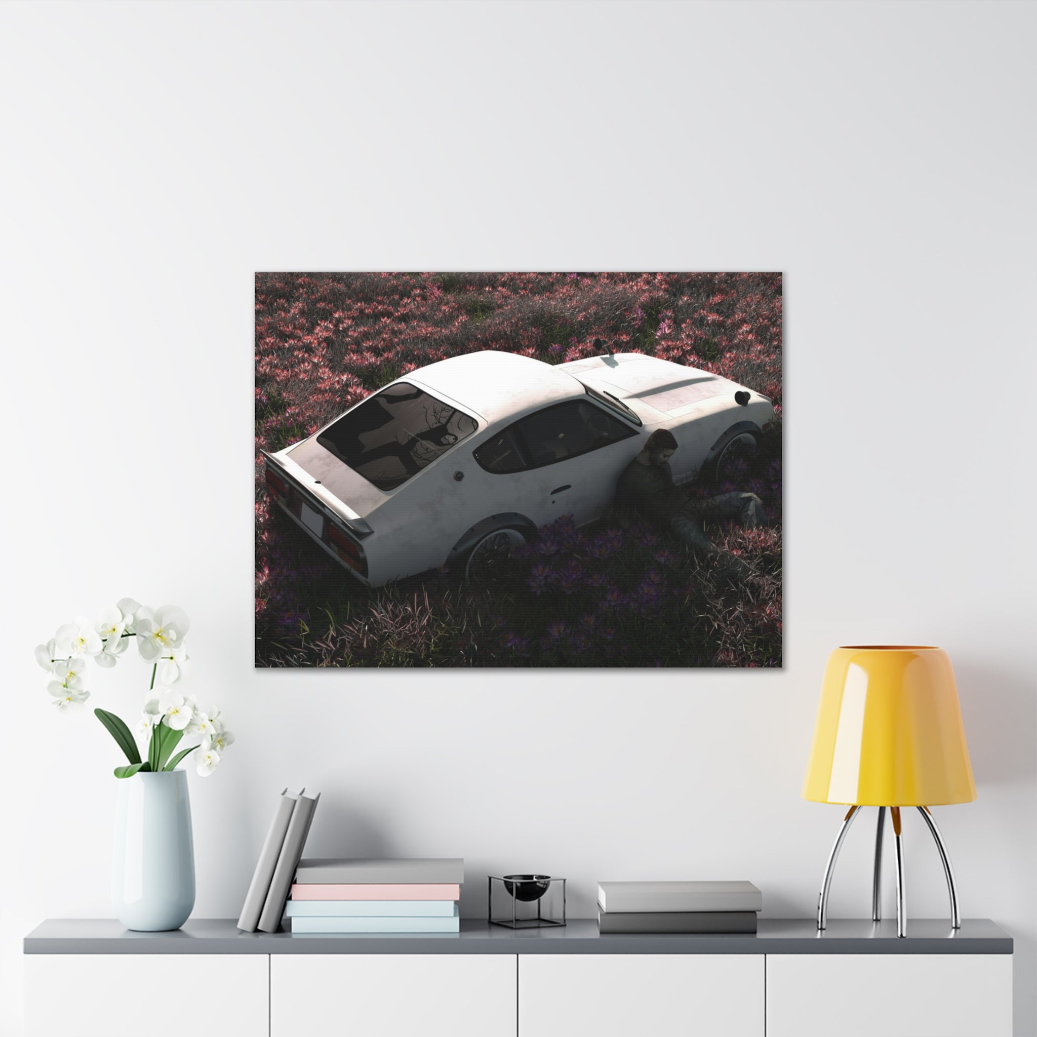 Vintage White Datsun in Wildflower Field Canvas
