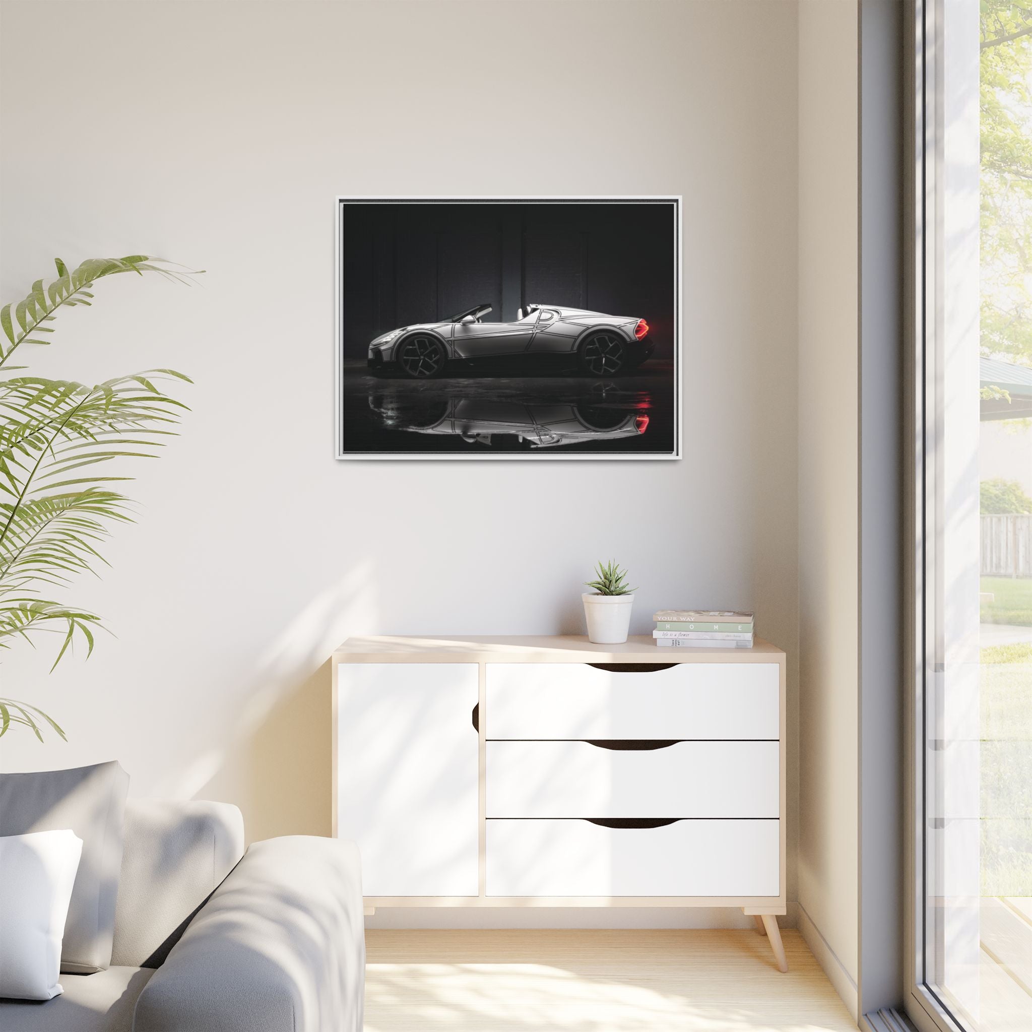 Framed Matte Canvas: Sleek Sports Car Reflection Wall Art