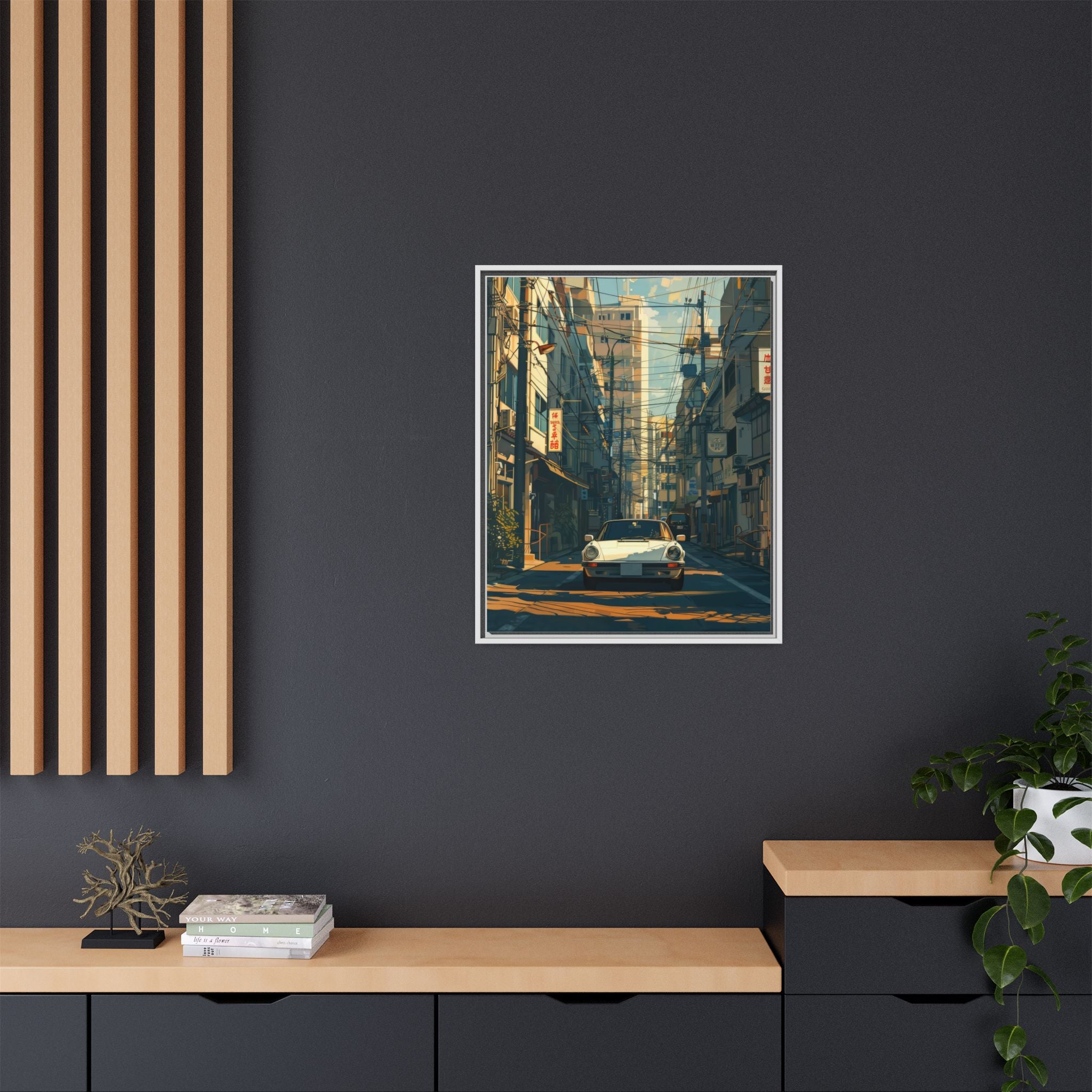 Vintage Sports Car Cityscape Framed Canvas Print