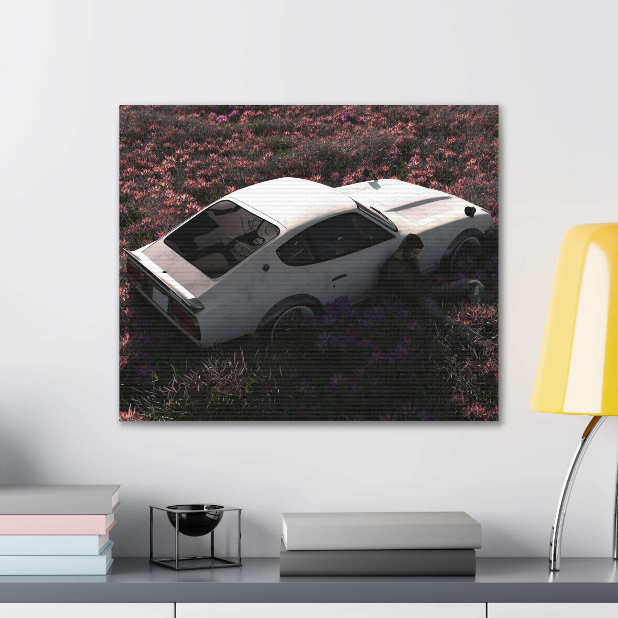Vintage White Datsun in Wildflower Field Canvas