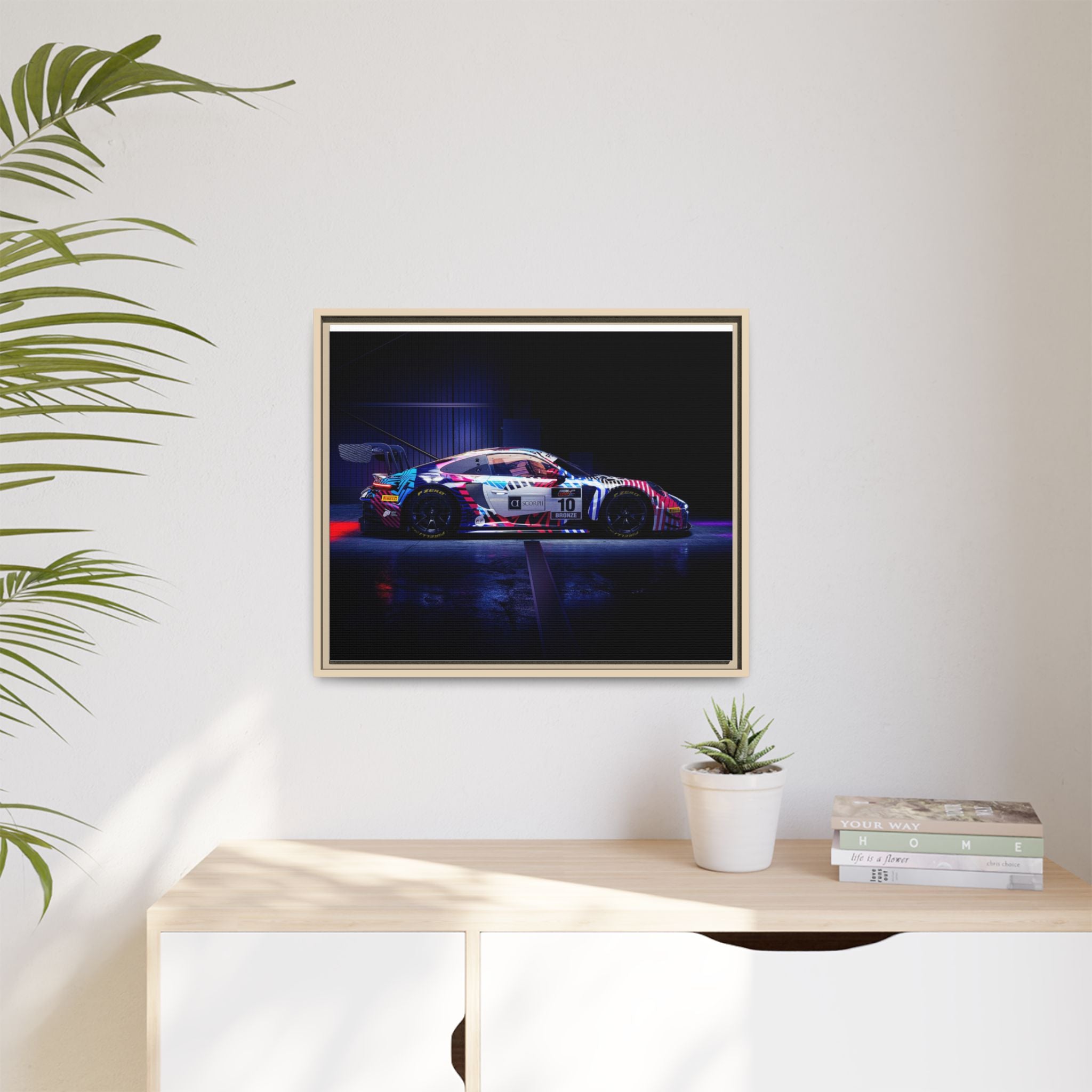 Framed Matte Canvas Print — Neon Racecar Wall Art