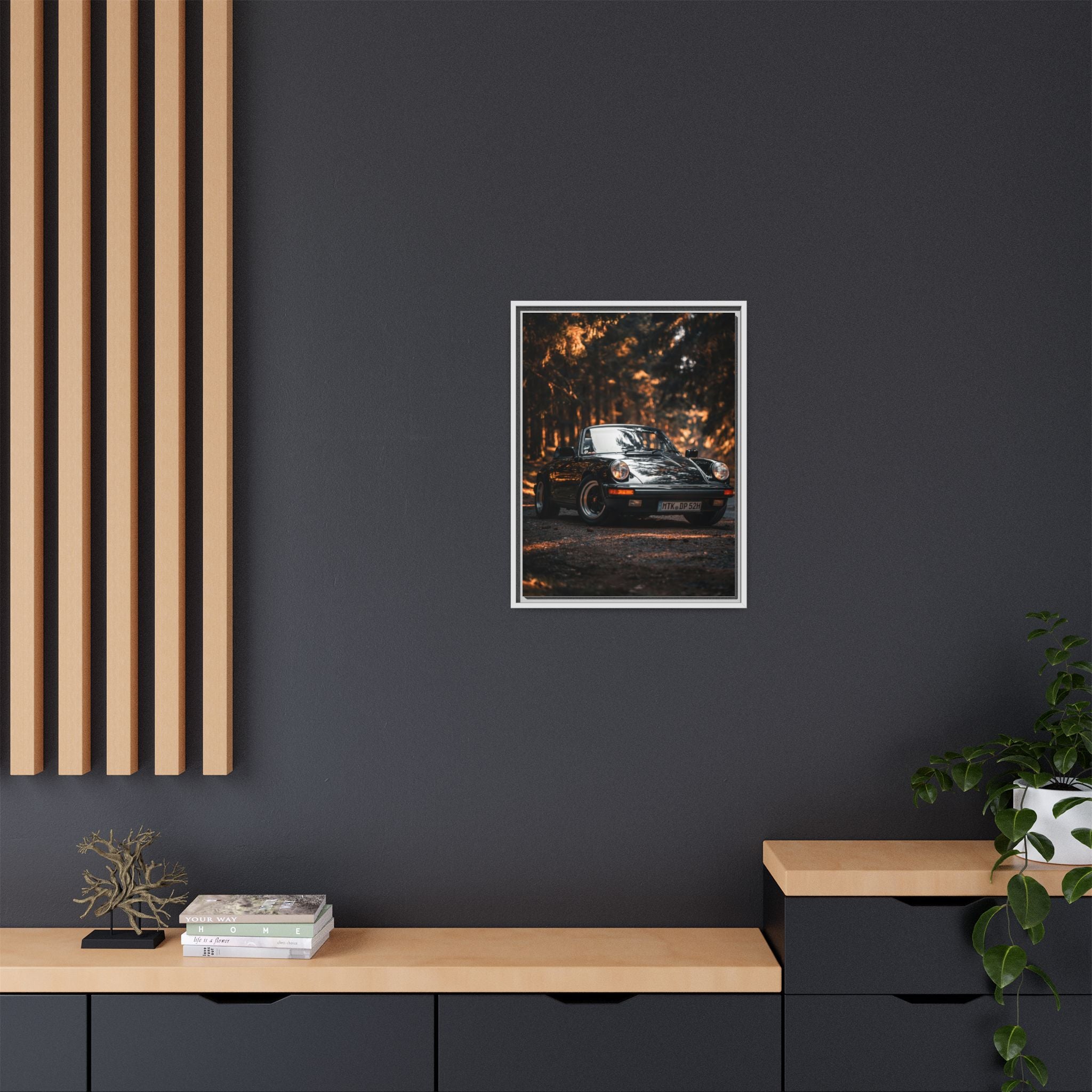 Framed Matte Canvas Print — Vintage Black Porsche in Autumn Forest