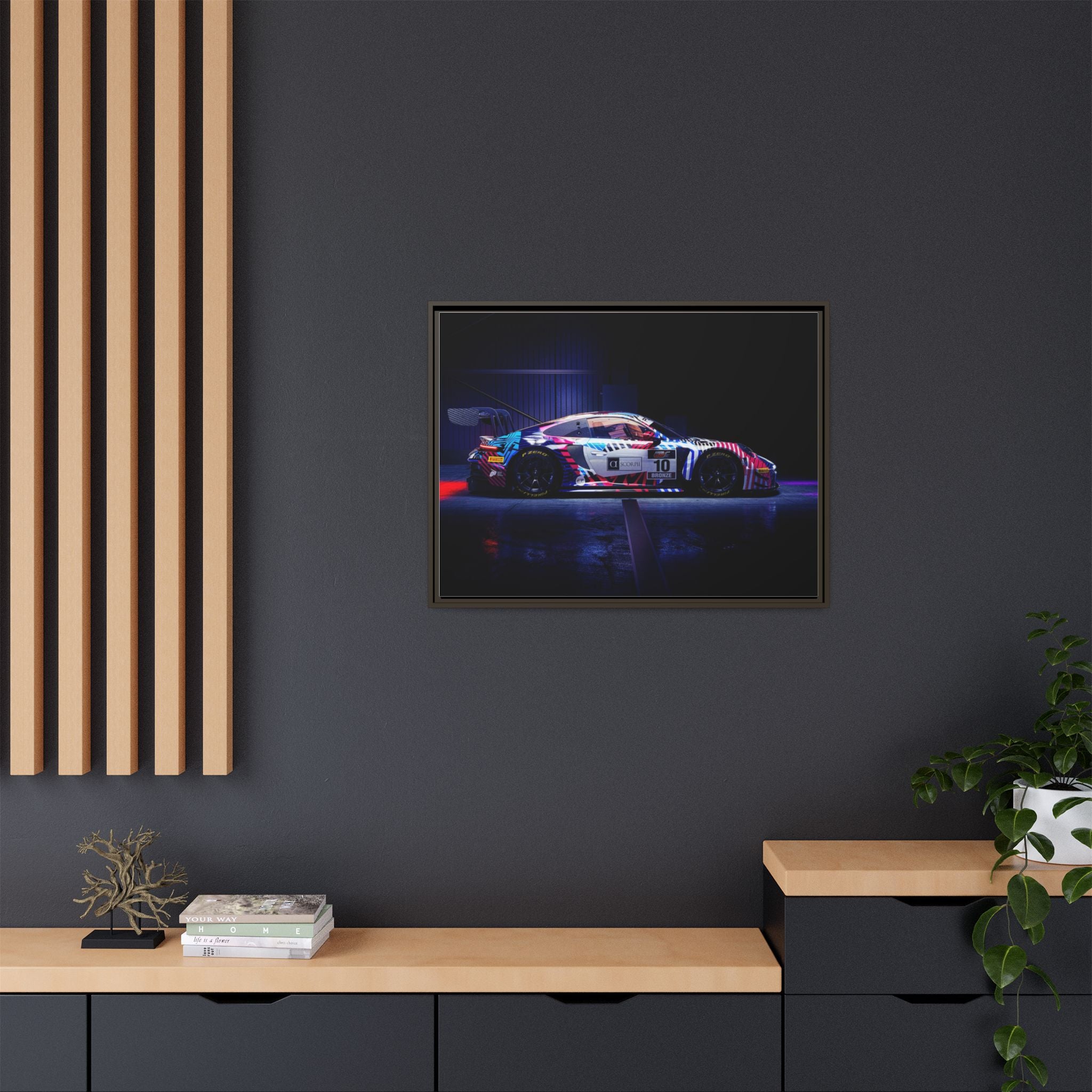 Framed Matte Canvas Print — Neon Racecar Wall Art