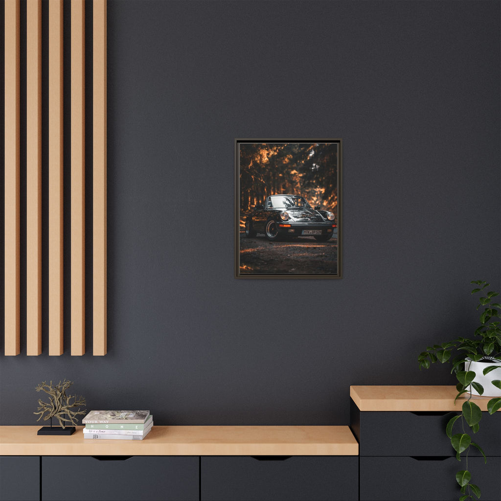 Framed Matte Canvas Print — Vintage Black Porsche in Autumn Forest