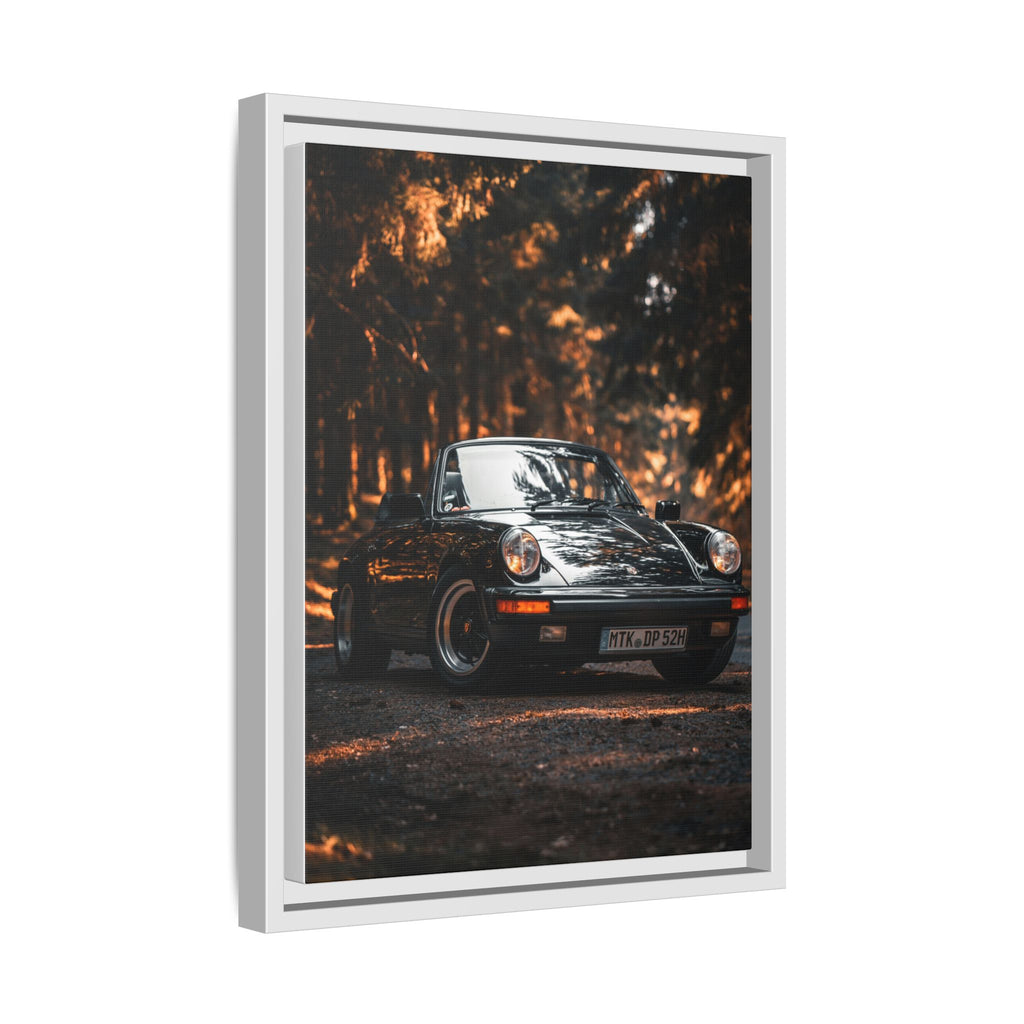 Framed Matte Canvas Print — Vintage Black Porsche in Autumn Forest