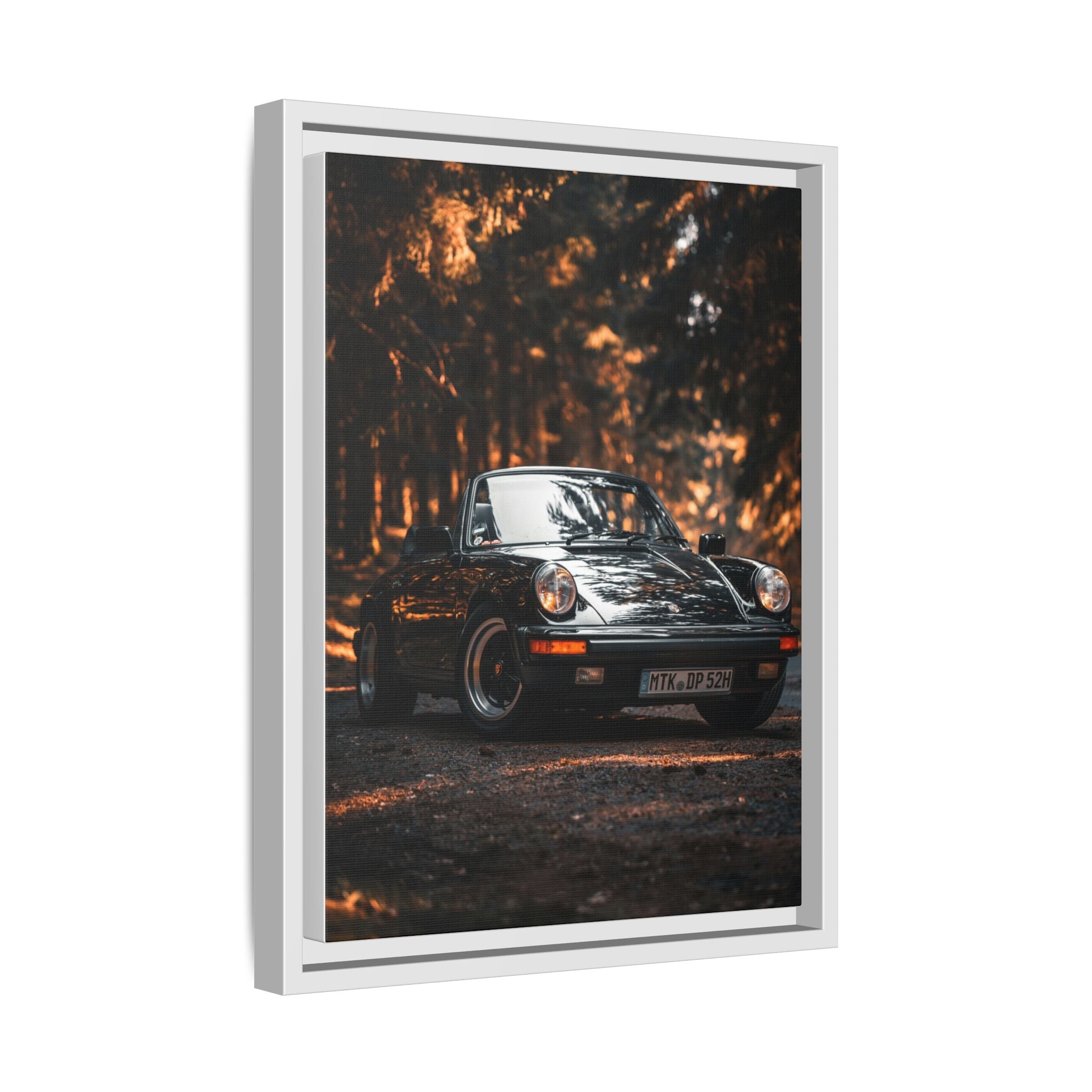 Framed Matte Canvas Print — Vintage Black Porsche in Autumn Forest