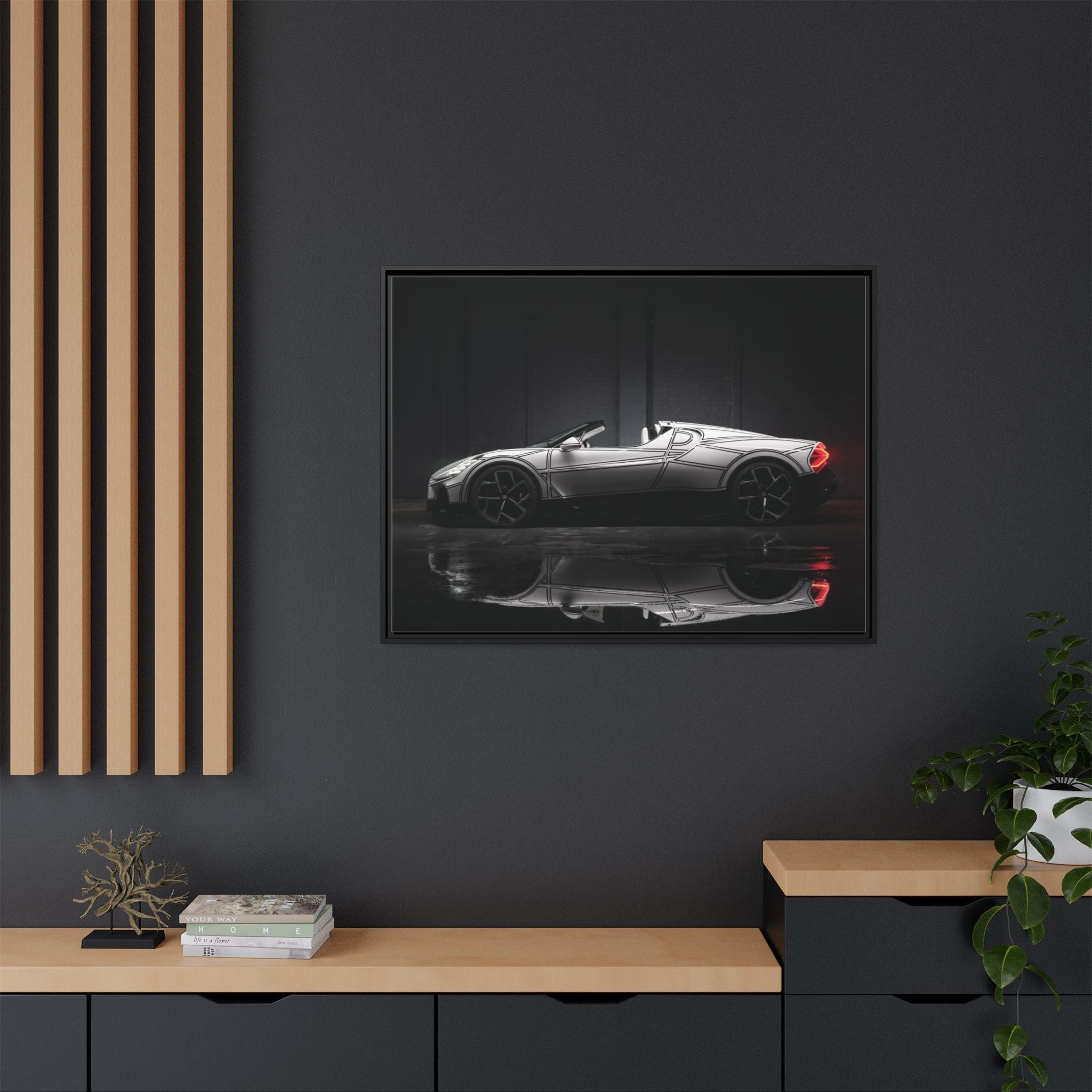 Framed Matte Canvas: Sleek Sports Car Reflection Wall Art