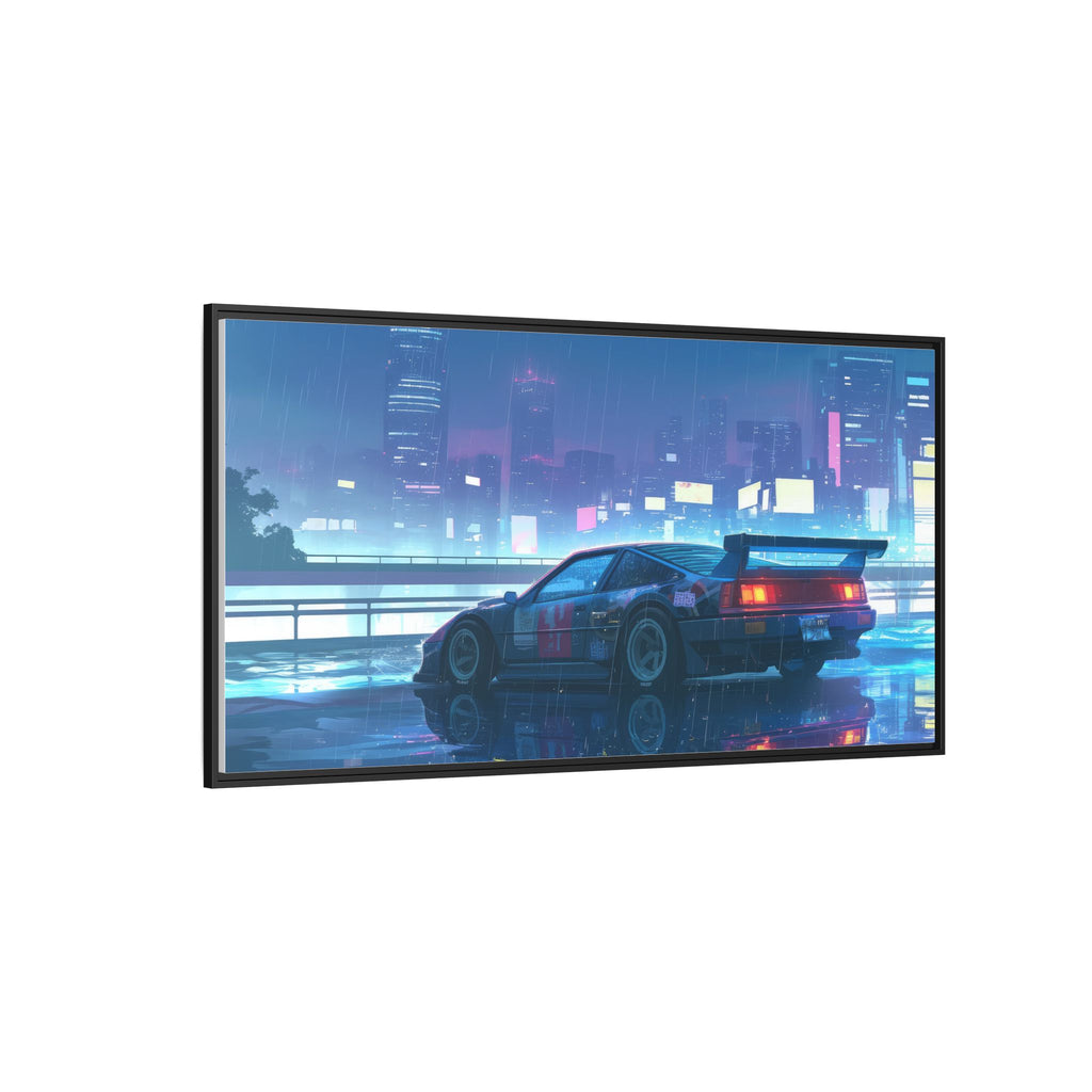 Retro Neon City Car Matte Canvas Print — Framed Wall Art