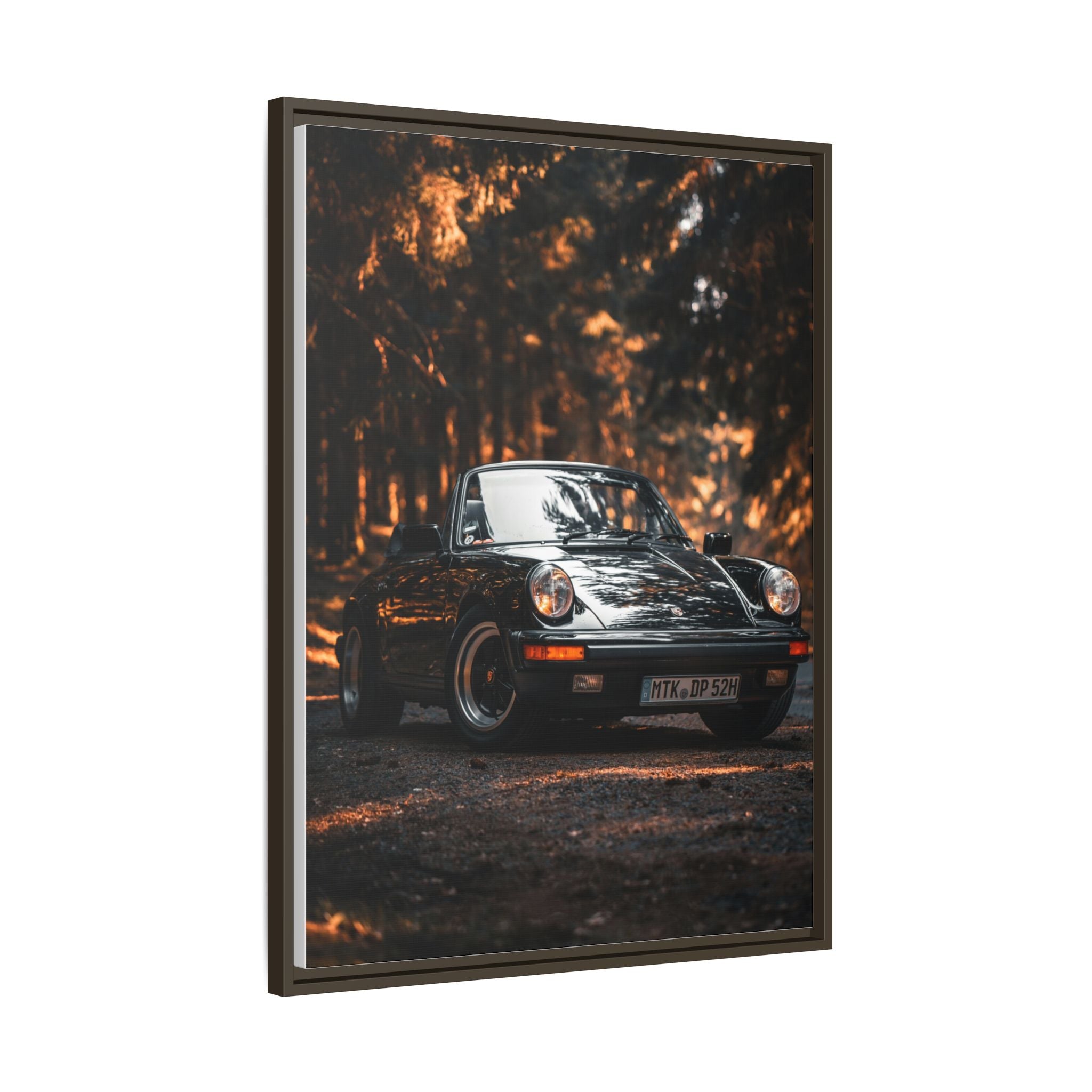 Framed Matte Canvas Print — Vintage Black Porsche in Autumn Forest