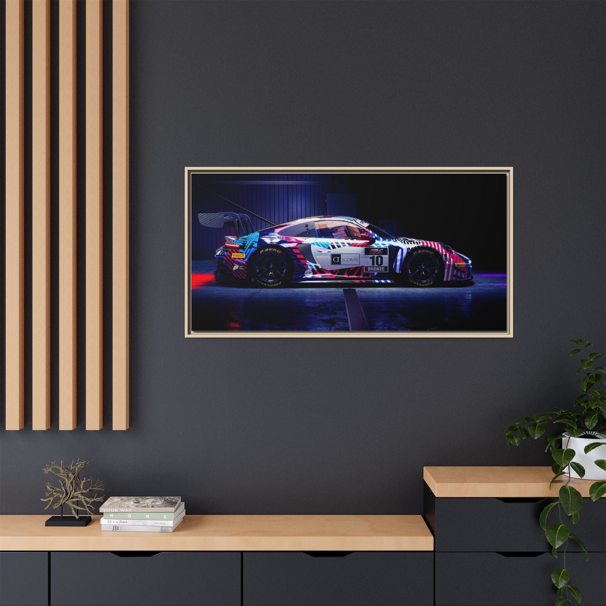 Framed Matte Canvas Print — Neon Racecar Wall Art