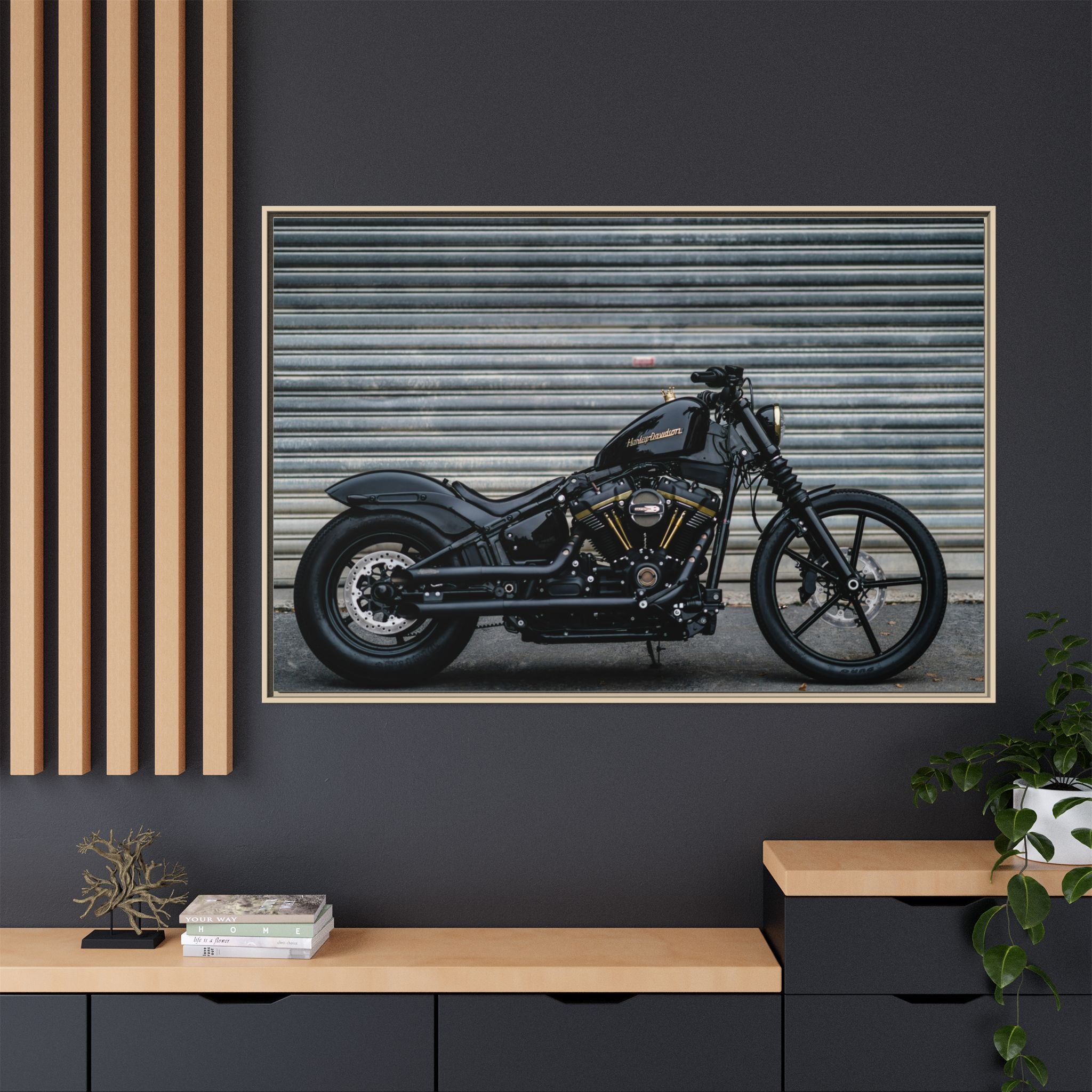 Framed Matte Canvas Motorcycle Print — Black Bobber Wall Art