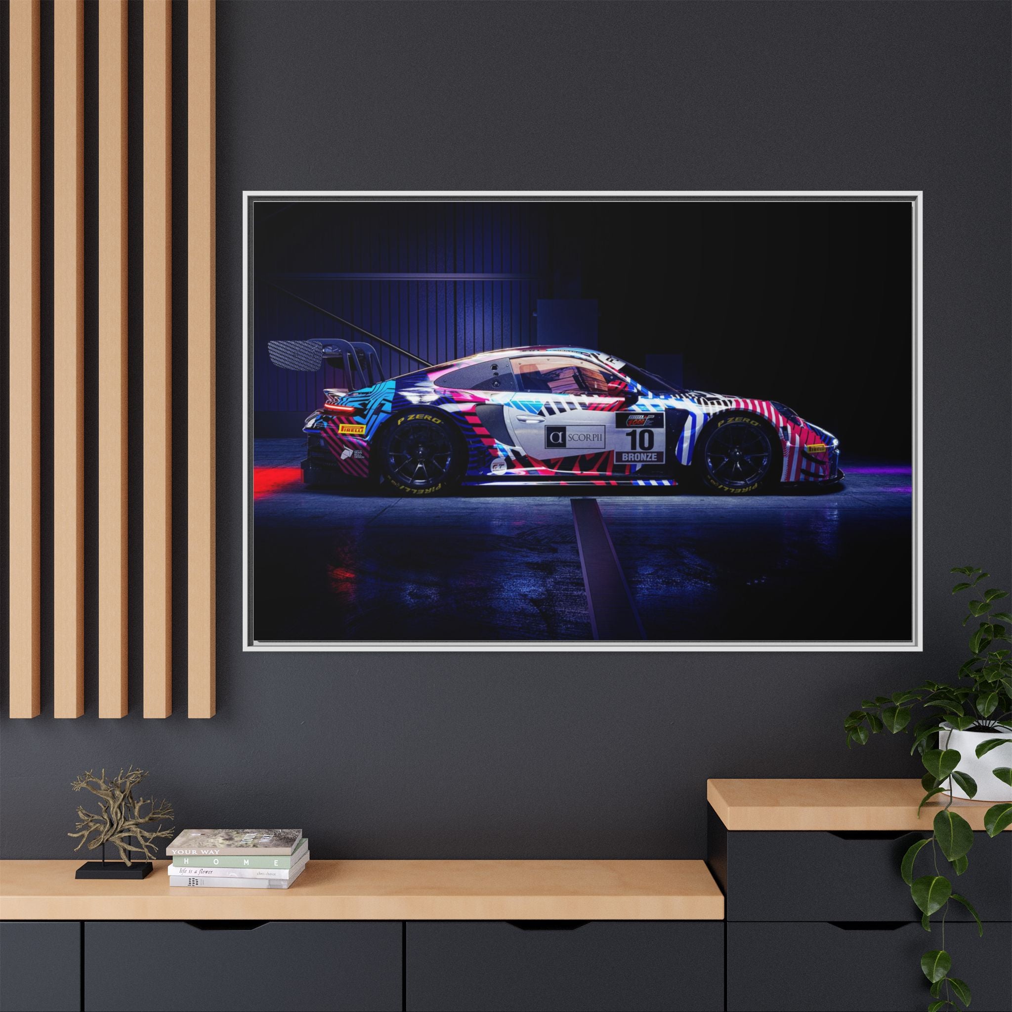 Framed Matte Canvas Print — Neon Racecar Wall Art