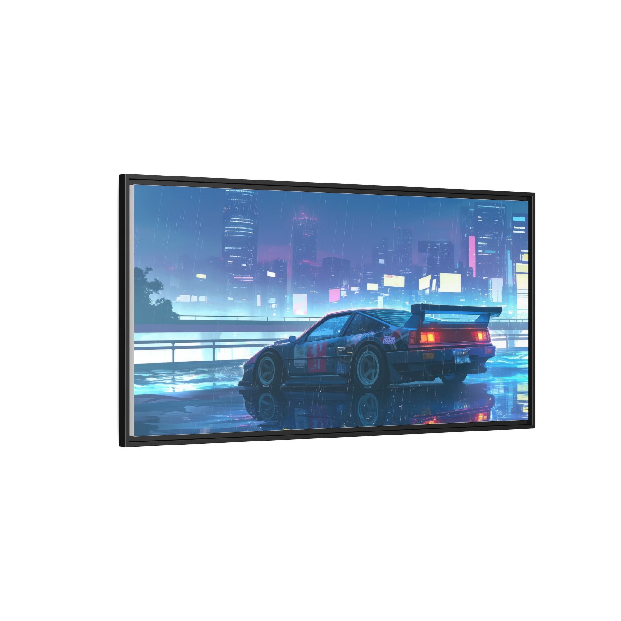 Retro Neon City Car Matte Canvas Print — Framed Wall Art