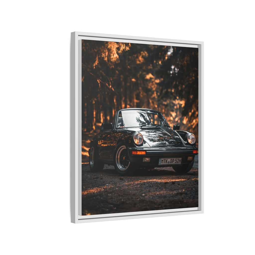 Framed Matte Canvas Print — Vintage Black Porsche in Autumn Forest