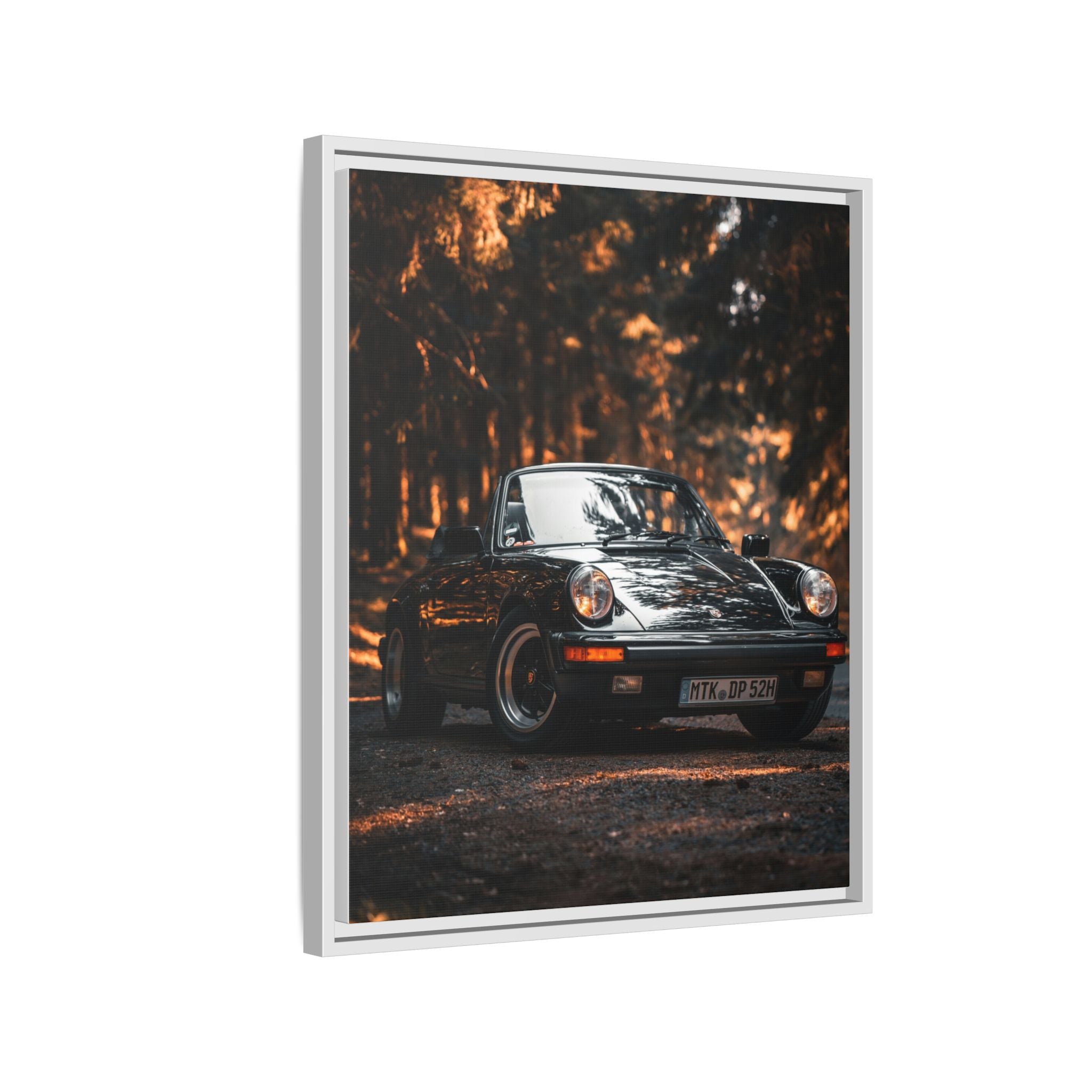 Framed Matte Canvas Print — Vintage Black Porsche in Autumn Forest