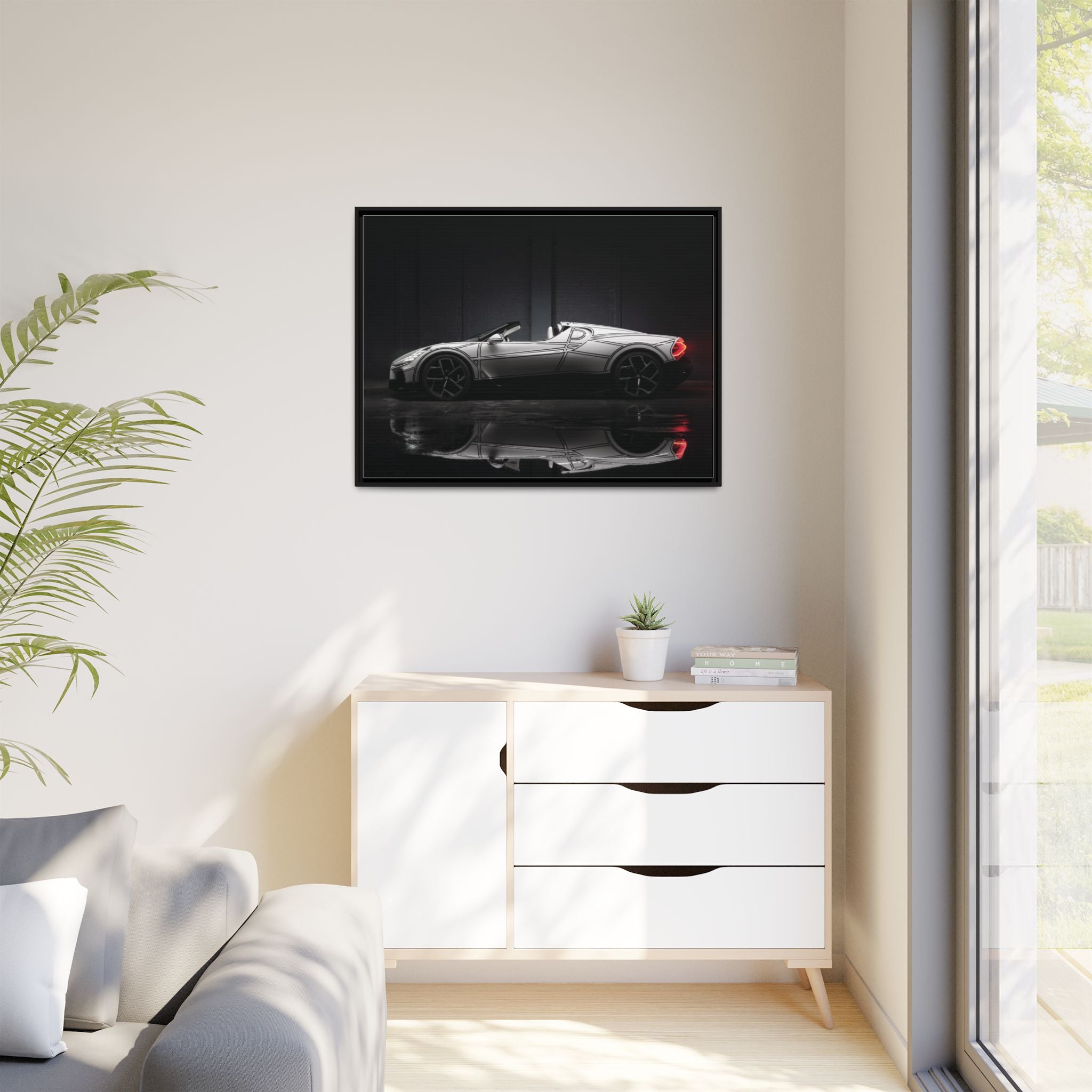 Framed Matte Canvas: Sleek Sports Car Reflection Wall Art