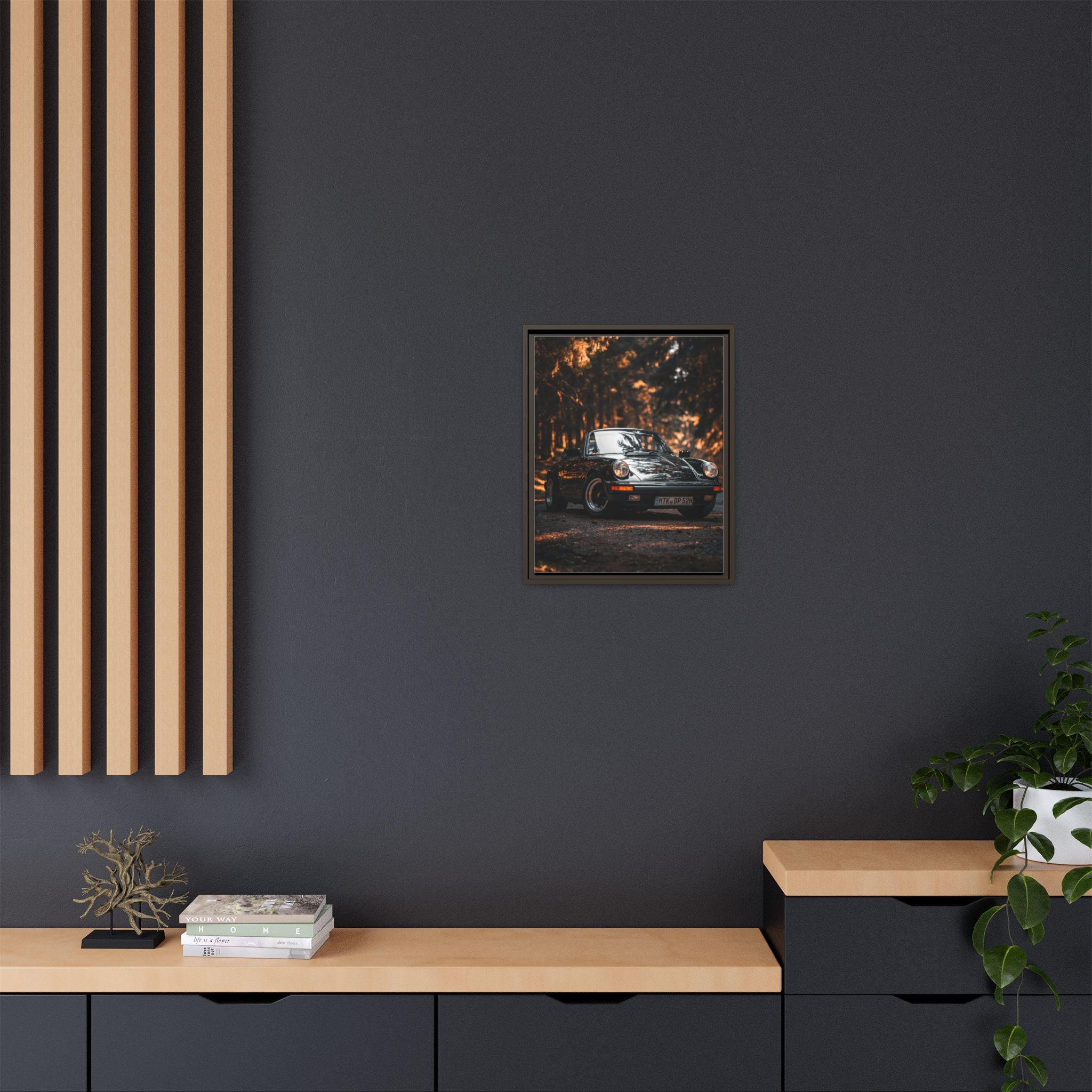 Framed Matte Canvas Print — Vintage Black Porsche in Autumn Forest